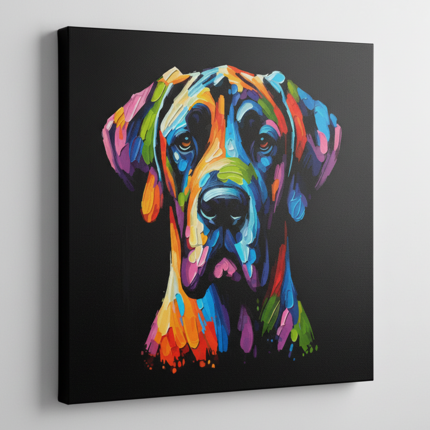 Colourful Great Dane dog portrait canvas print - UK made abstract pet wall art black background