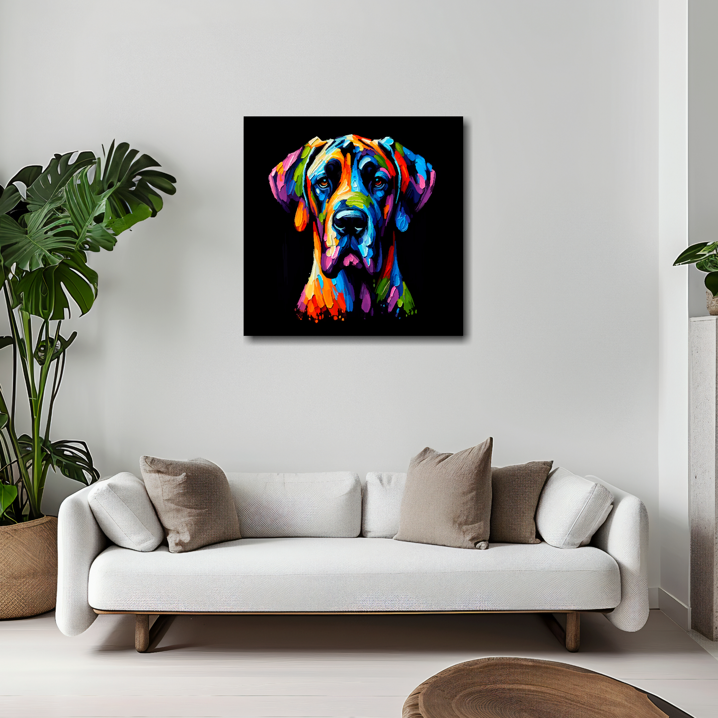 Great Dane canvas 20x20 inches above white sofa - vibrant dog portrait wall art UK