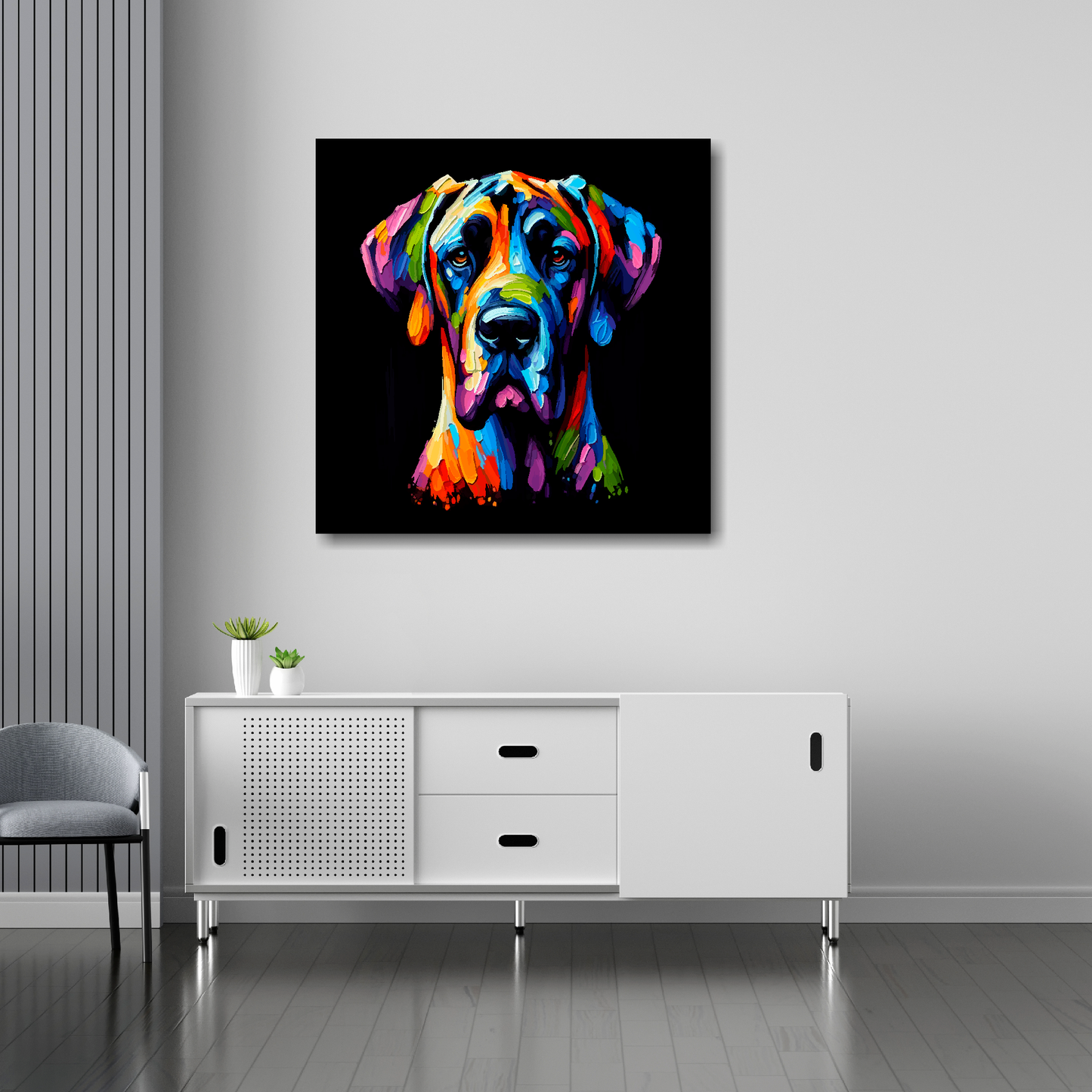 Great Dane canvas 30x30 inches above sideboard - large colourful dog portrait UK made