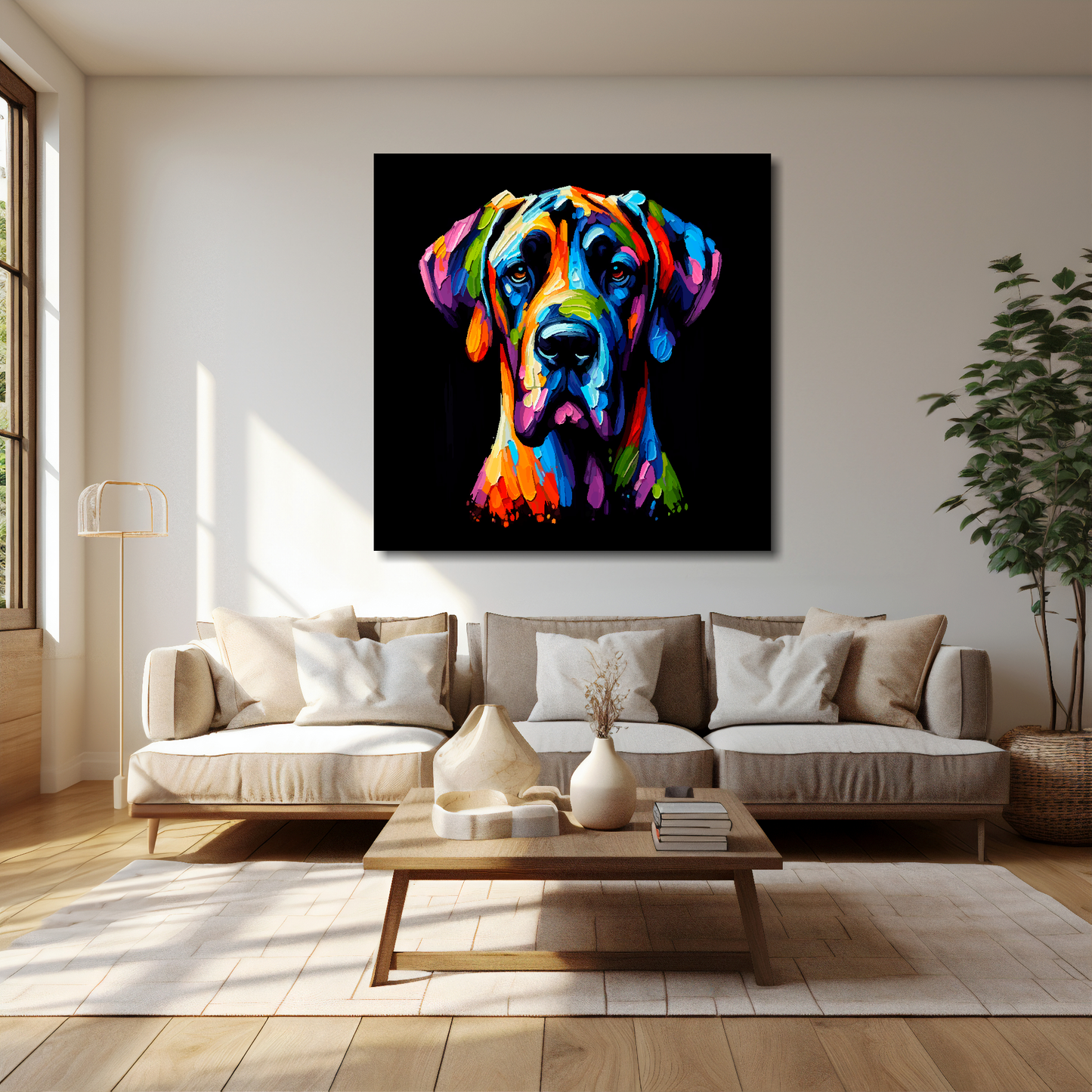 Great Dane canvas 40x40 inches above cream sofa - XL vibrant dog wall art UK