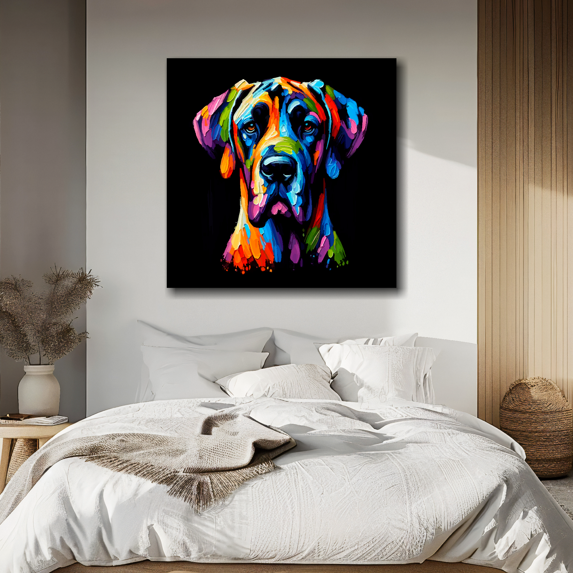 Great Dane portrait canvas above bed - colourful dog wall decor for UK bedrooms