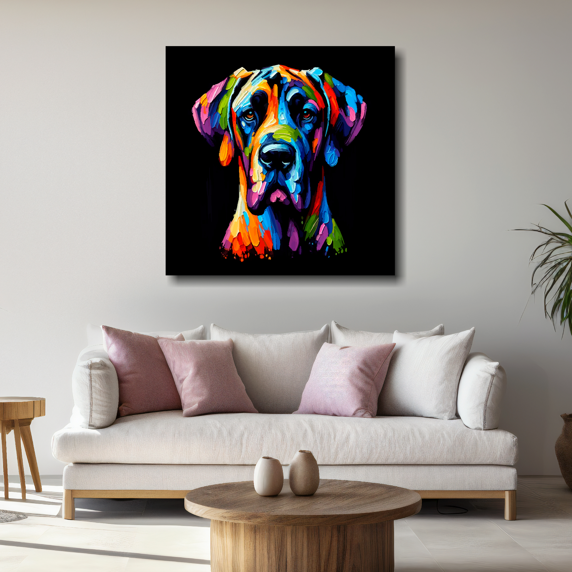 Large Great Dane canvas above white sofa - vibrant abstract dog portrait wall art UK