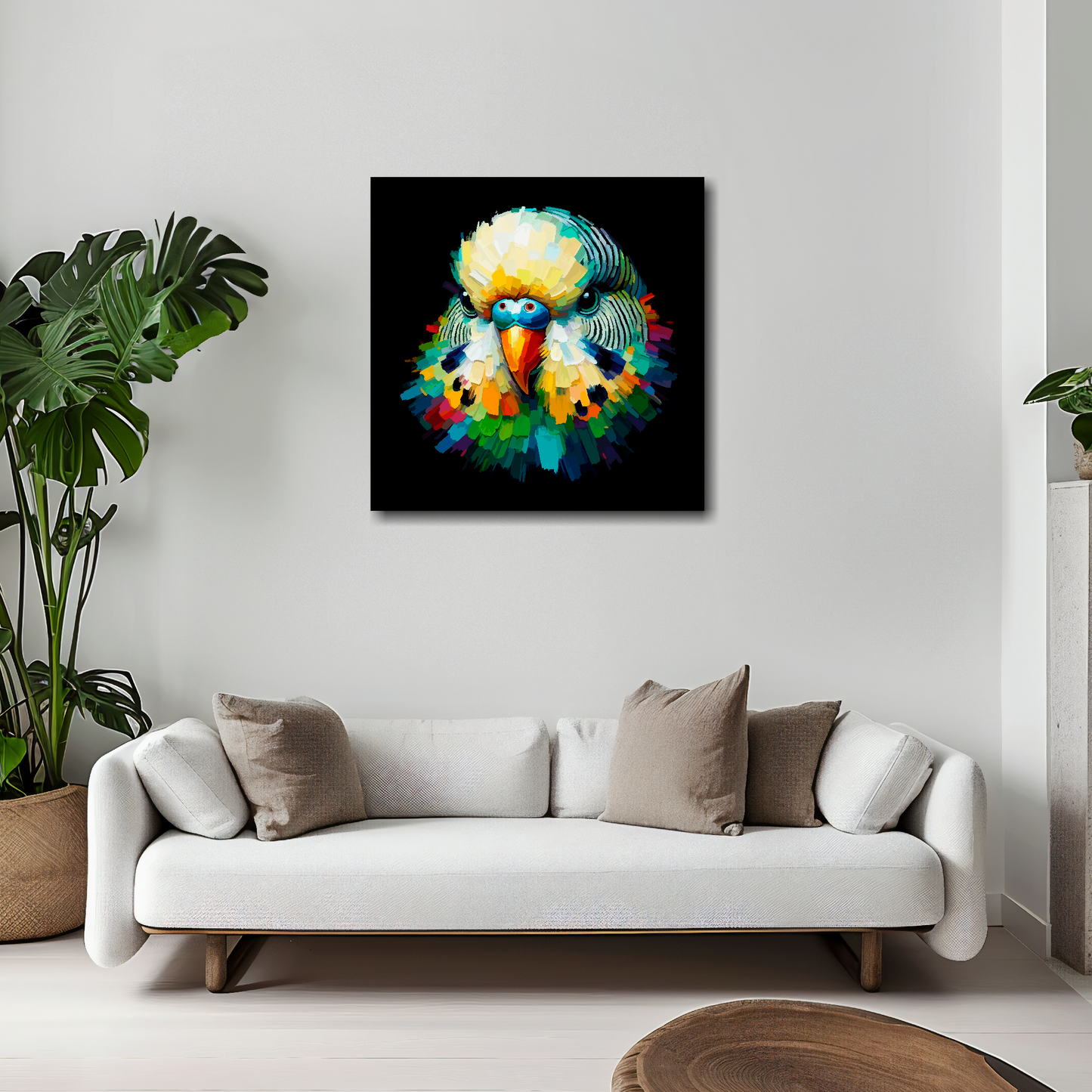 Green Budgie canvas 20x20 inches above white sofa - vibrant bird portrait wall art UK