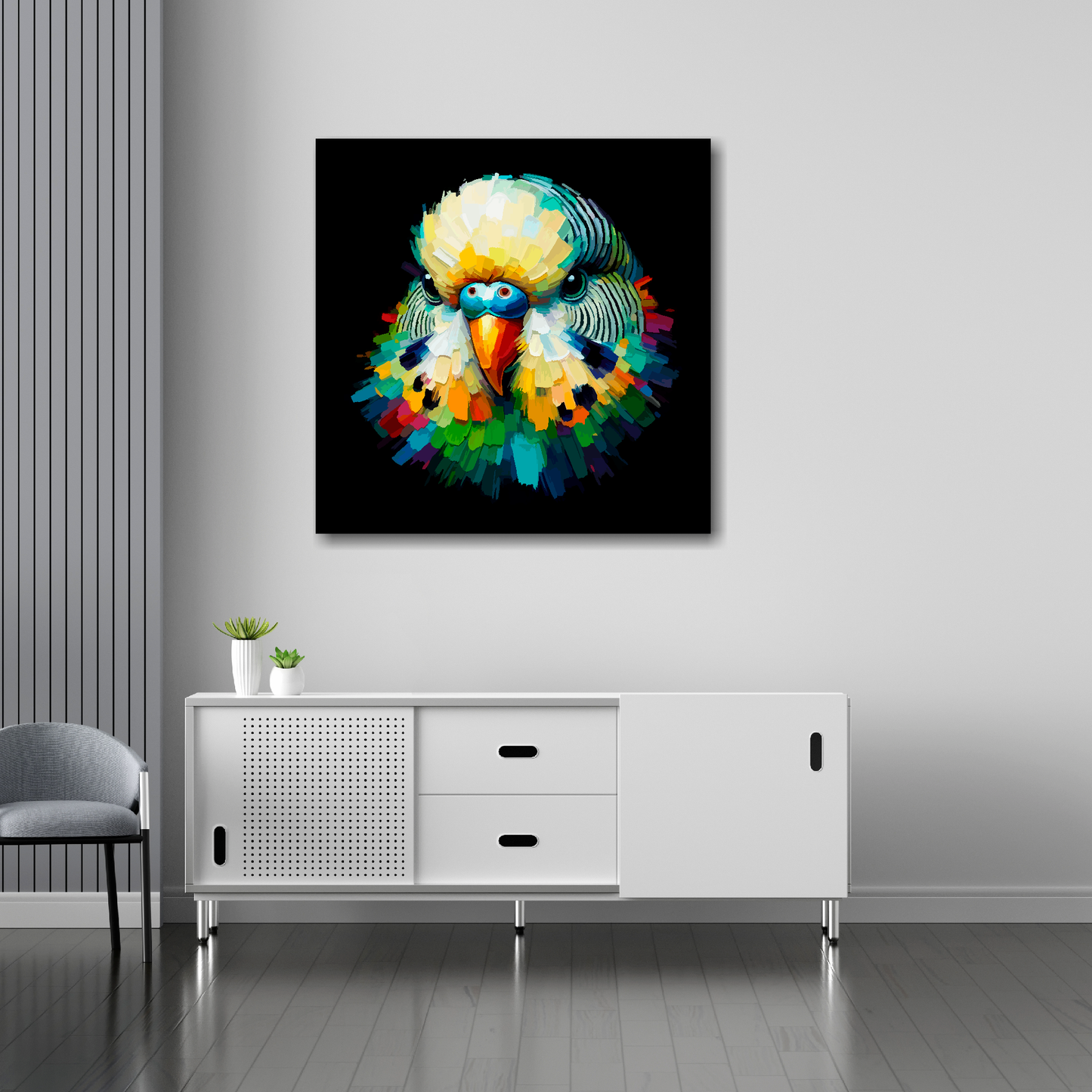 Green Budgie canvas 30x30 inches above sideboard - large colourful bird portrait UK made