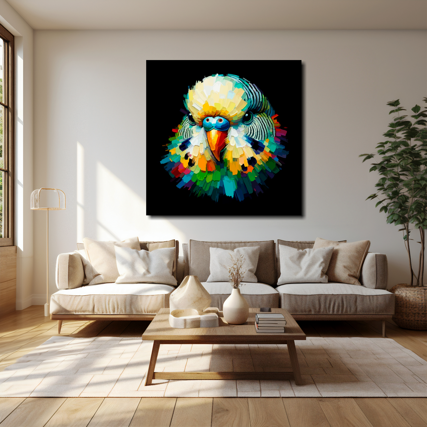 Green Budgie canvas 40x40 inches above cream sofa - XL vibrant bird wall art UK