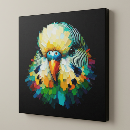 Colourful Green Budgie bird portrait canvas print - UK made abstract pet wall art black background