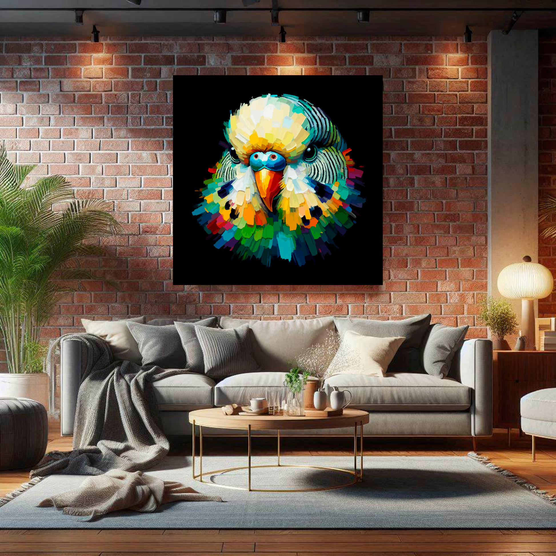 Large Green Budgie canvas on brick wall above grey sofa - bold bird portrait UK living room