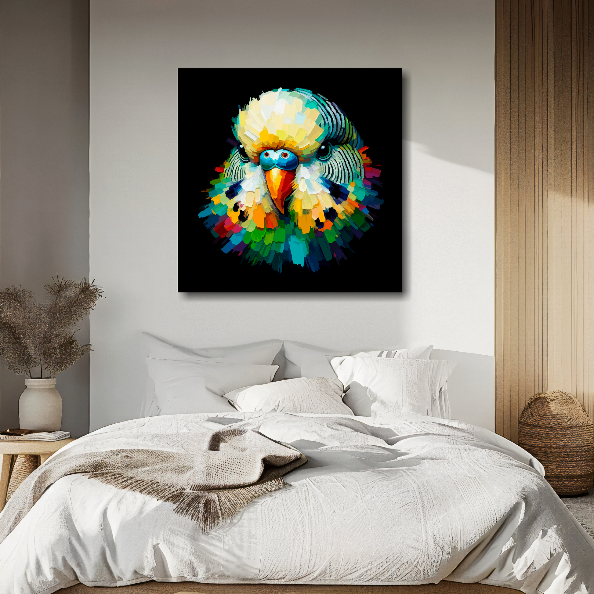 Green Budgie portrait canvas above bed - colourful bird wall decor for UK bedrooms