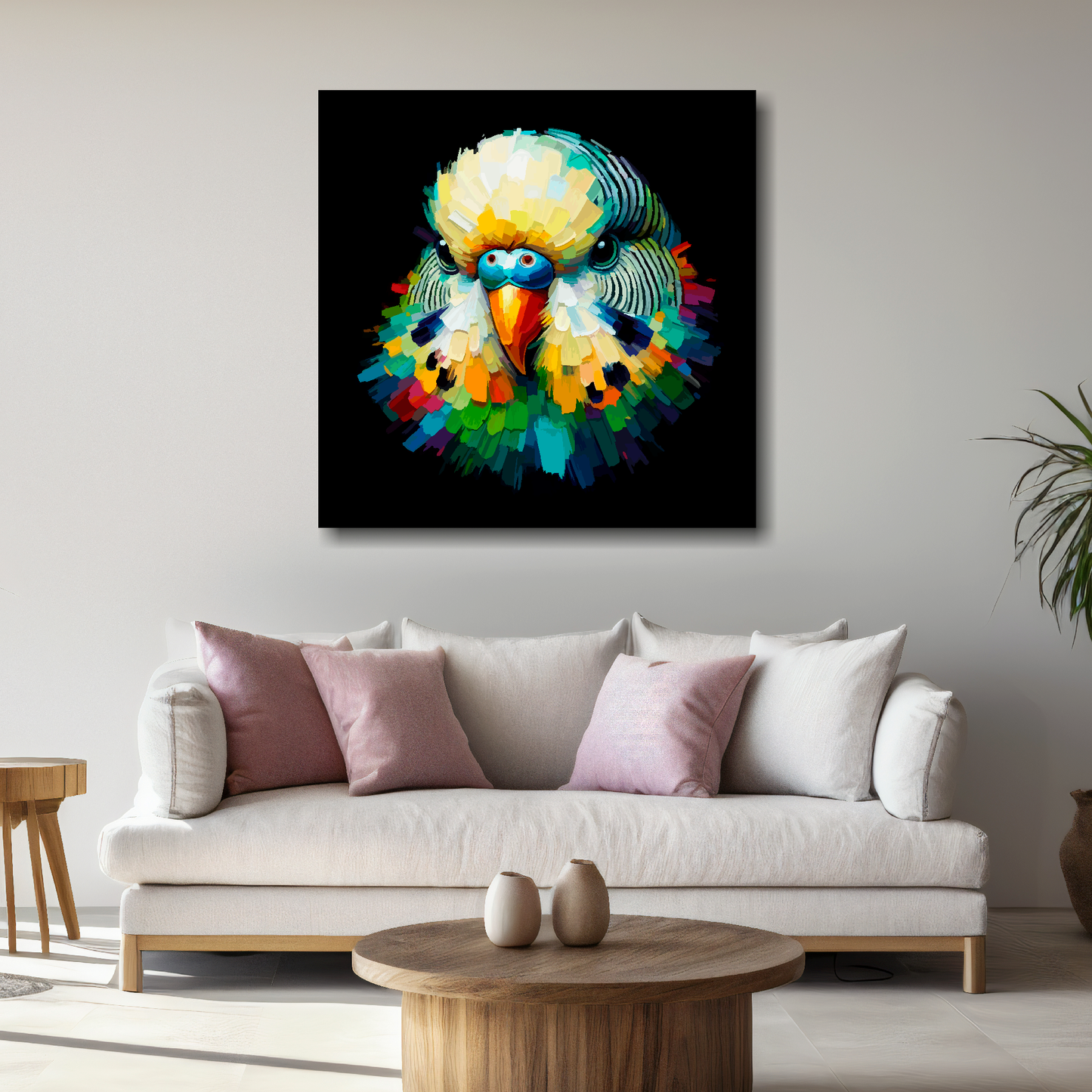 Large Green Budgie canvas above white sofa - vibrant abstract bird portrait wall art UK