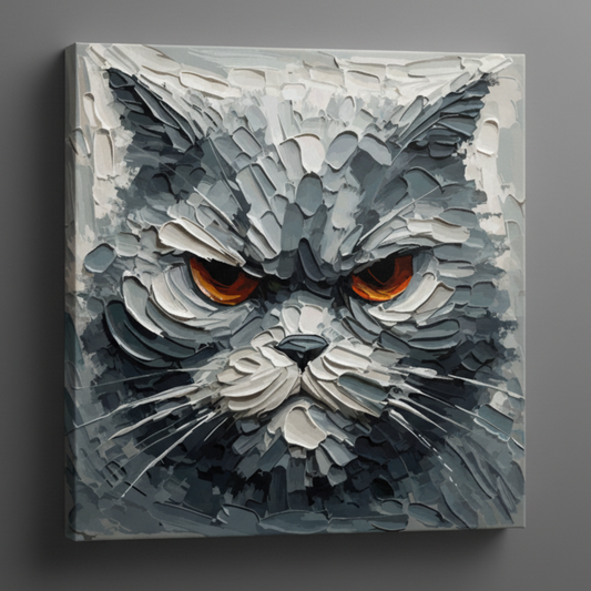 Grumpy grey cat portrait canvas print - UK made abstract pet wall art