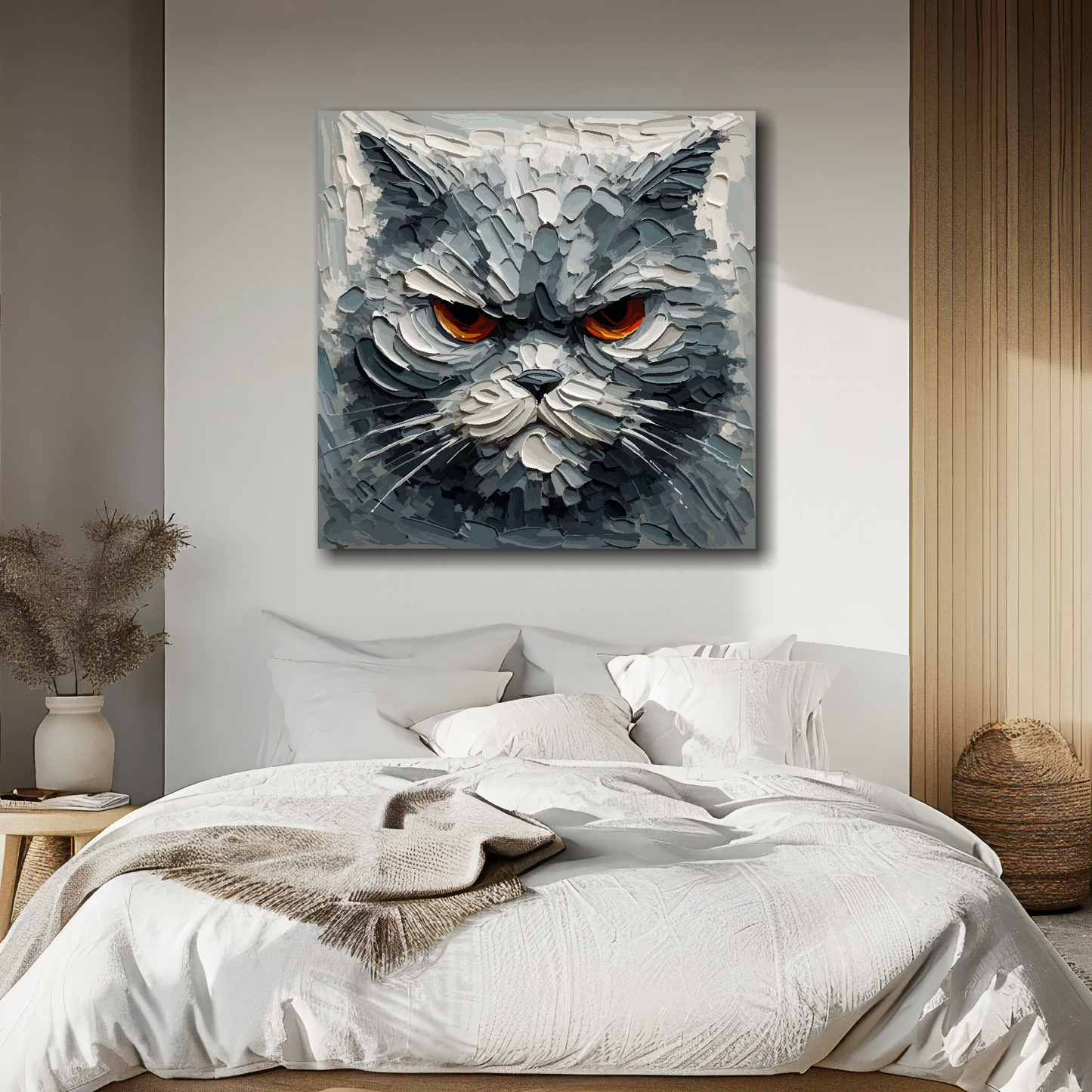Grumpy grey cat portrait canvas above bed - colourful cat wall decor for UK bedrooms