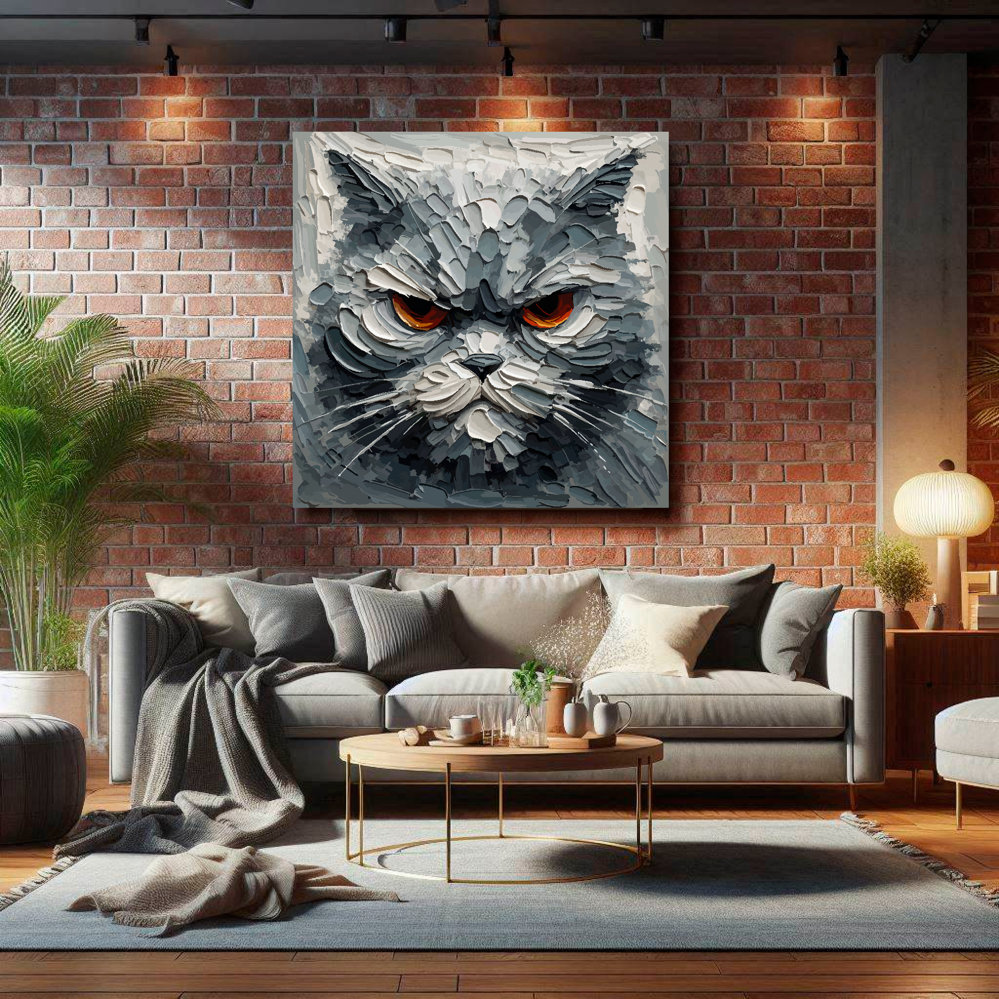 Large grumpy grey cat canvas on brick wall above grey sofa - bold cat portrait UK living room