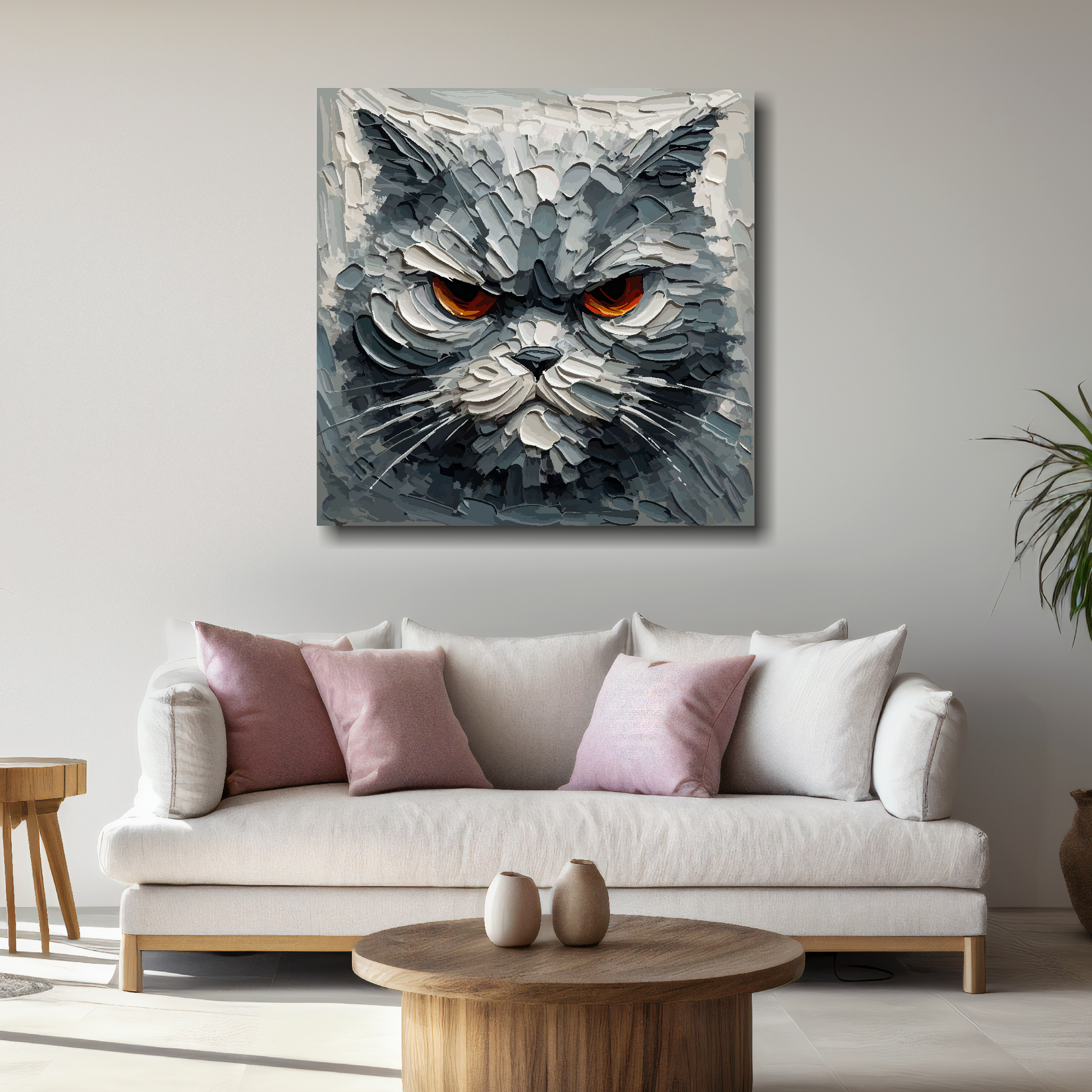 Large grumpy grey cat canvas above white sofa - vibrant abstract cat portrait wall art UK