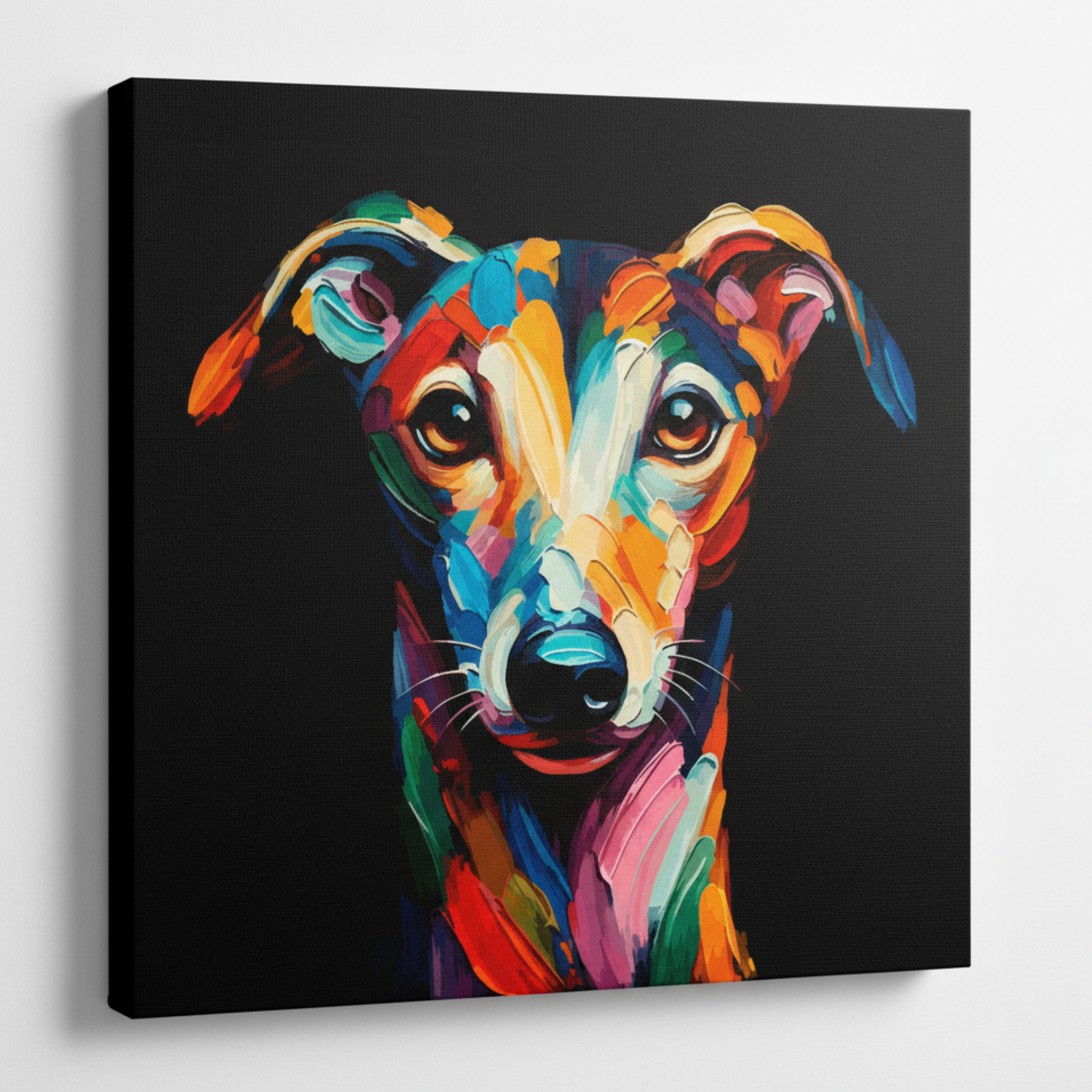 Colourful Greyhound dog portrait canvas print - UK made abstract pet wall art black background