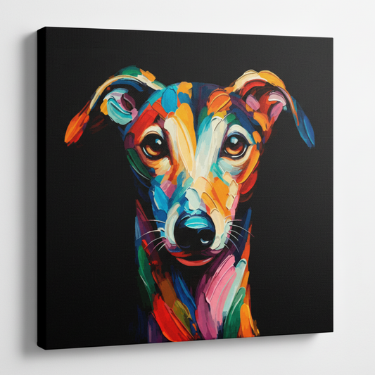 Colourful Greyhound dog portrait canvas print - UK made abstract pet wall art black background