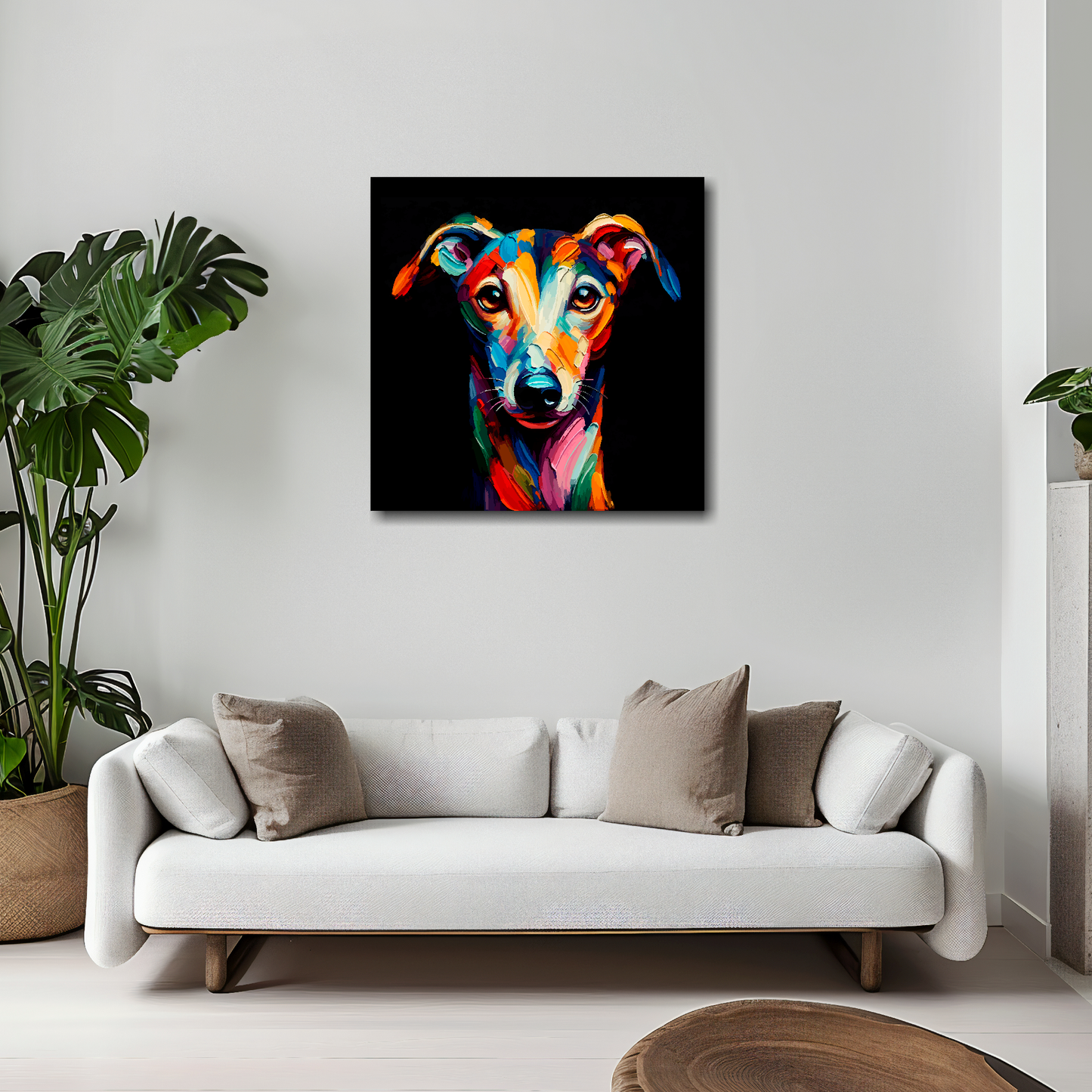 Greyhound canvas 20x20 inches above white sofa - vibrant dog portrait wall art UK