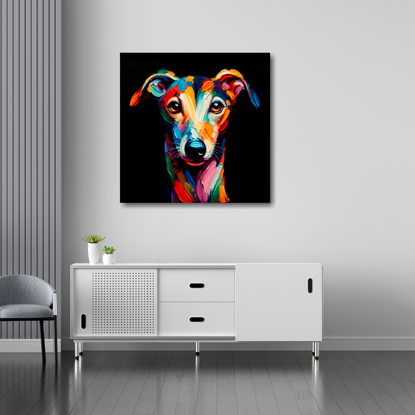 Greyhound canvas 30x30 inches above sideboard - large colourful dog portrait UK made