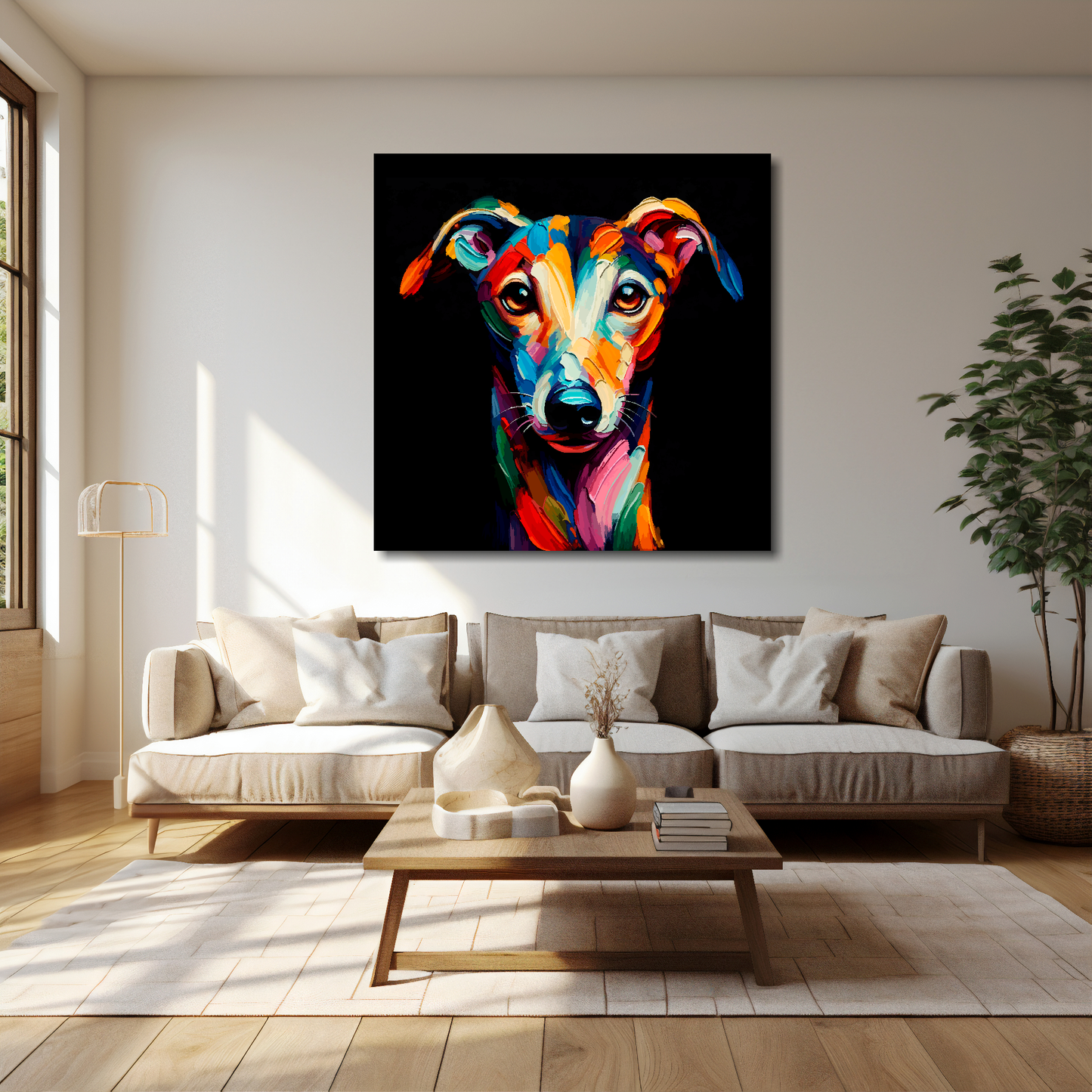 Greyhound canvas 40x40 inches above cream sofa - XL vibrant dog wall art UK
