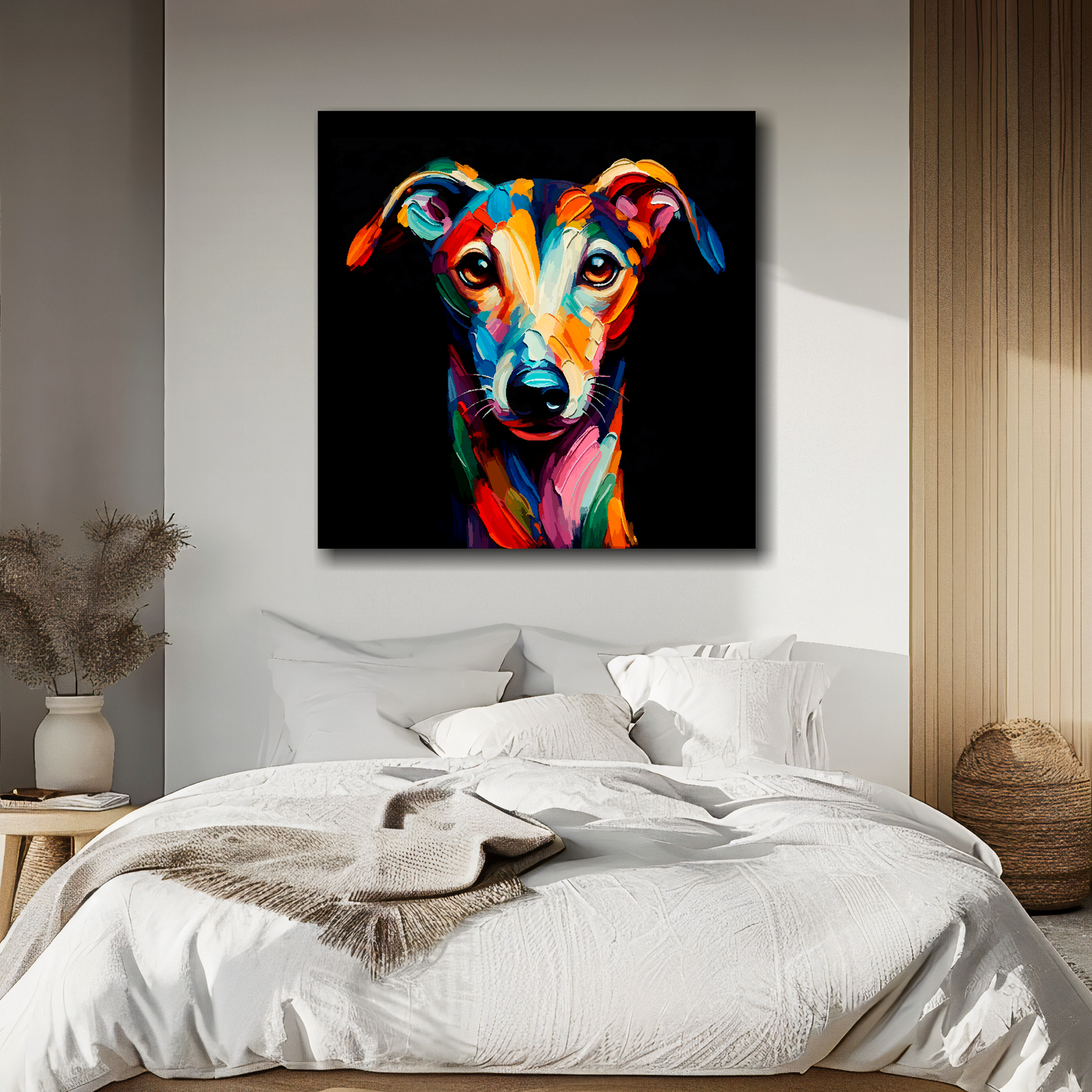 Greyhound portrait canvas above bed - colourful dog wall decor for UK bedrooms