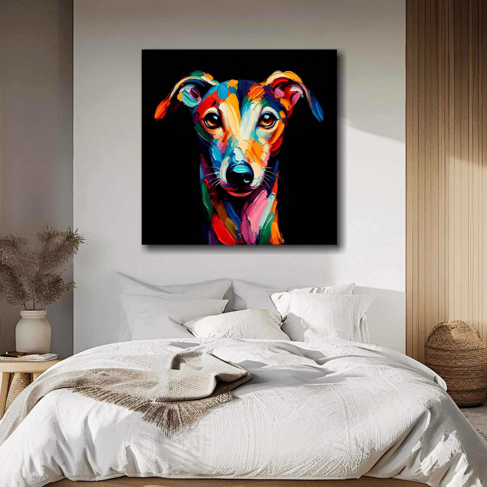 Greyhound portrait canvas above bed - colourful dog wall decor for UK bedrooms