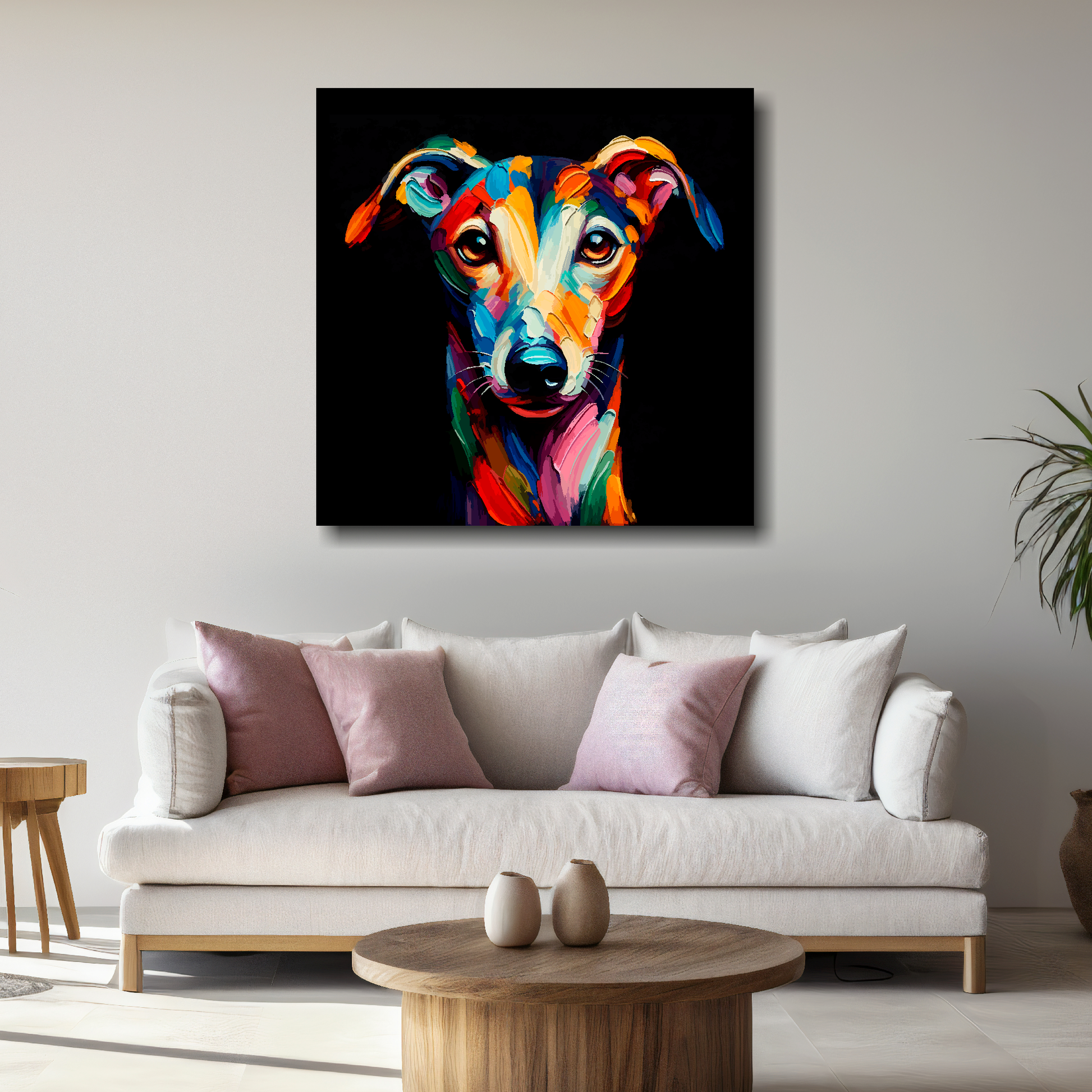 Large Greyhound canvas above white sofa - vibrant abstract dog portrait wall art UK