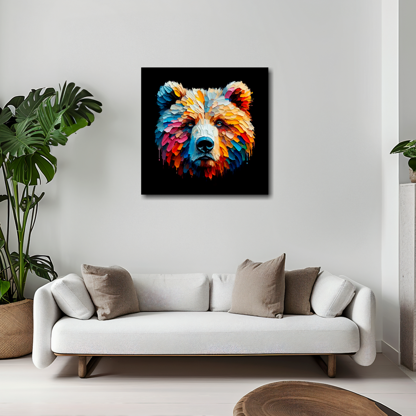 Grizzly Bear canvas 20x20 inches above white sofa - vibrant wildlife portrait wall art UK