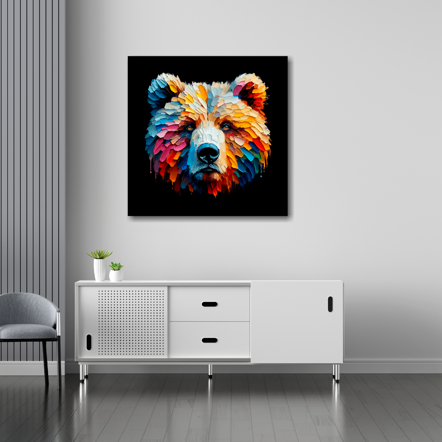 Grizzly Bear canvas 30x30 inches above sideboard - large colourful wildlife portrait UK made