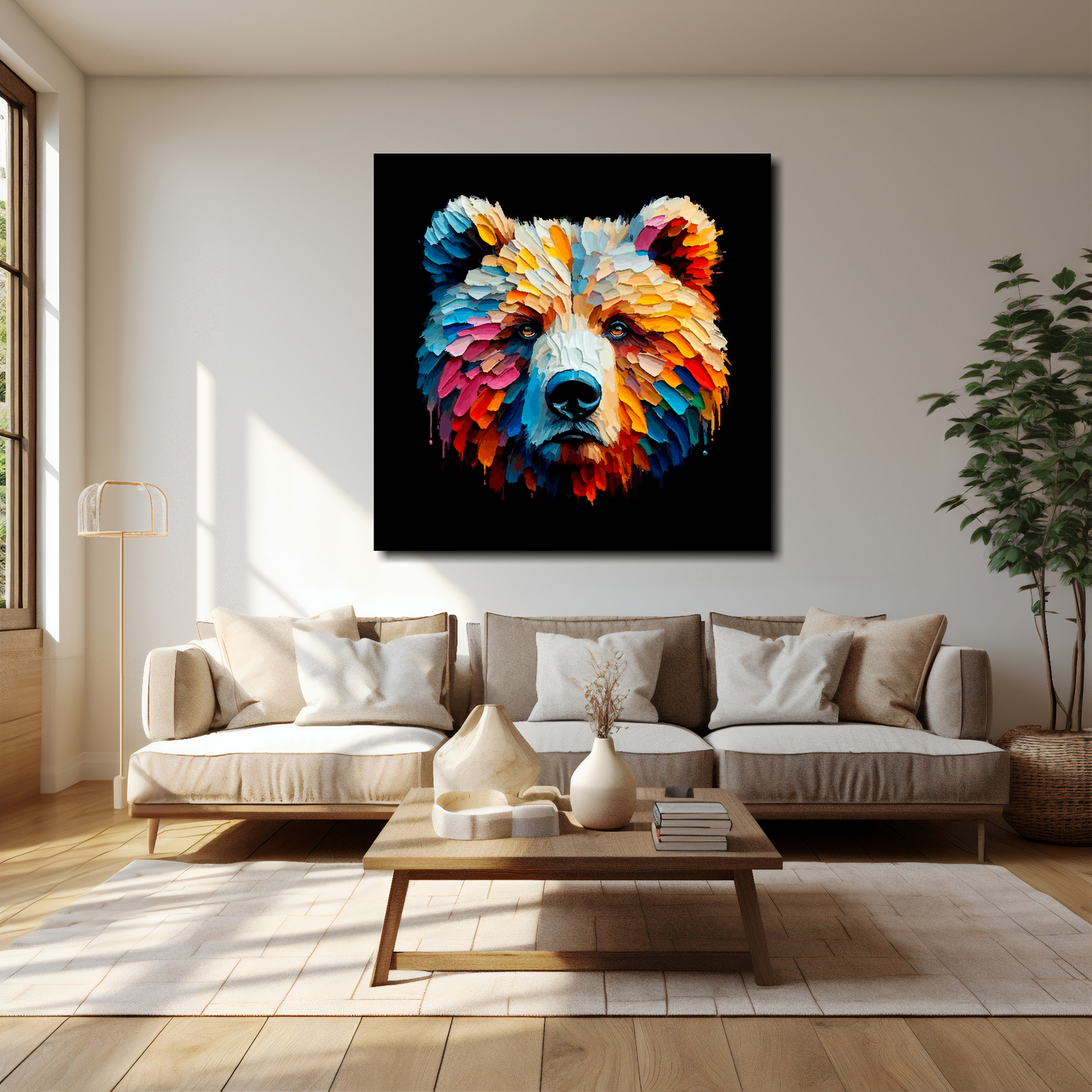 Grizzly Bear canvas 40x40 inches above cream sofa - XL vibrant wildlife wall art UK