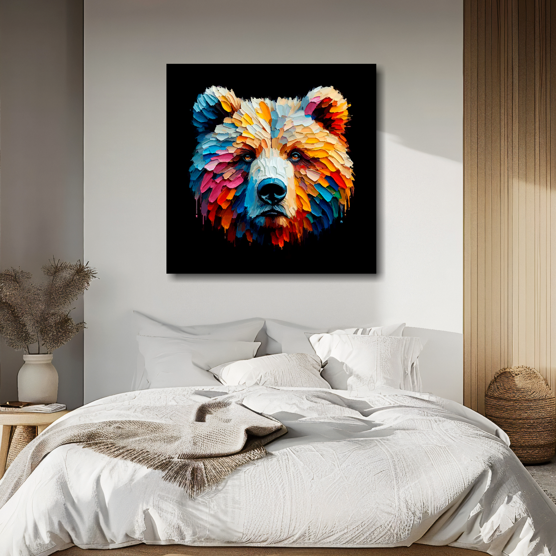 Grizzly Bear portrait canvas above bed - colourful wildlife wall decor for UK bedrooms