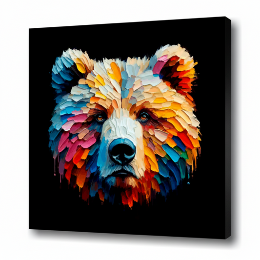 Colourful Grizzly Bear wildlife portrait canvas print - UK made abstract animal wall art black background