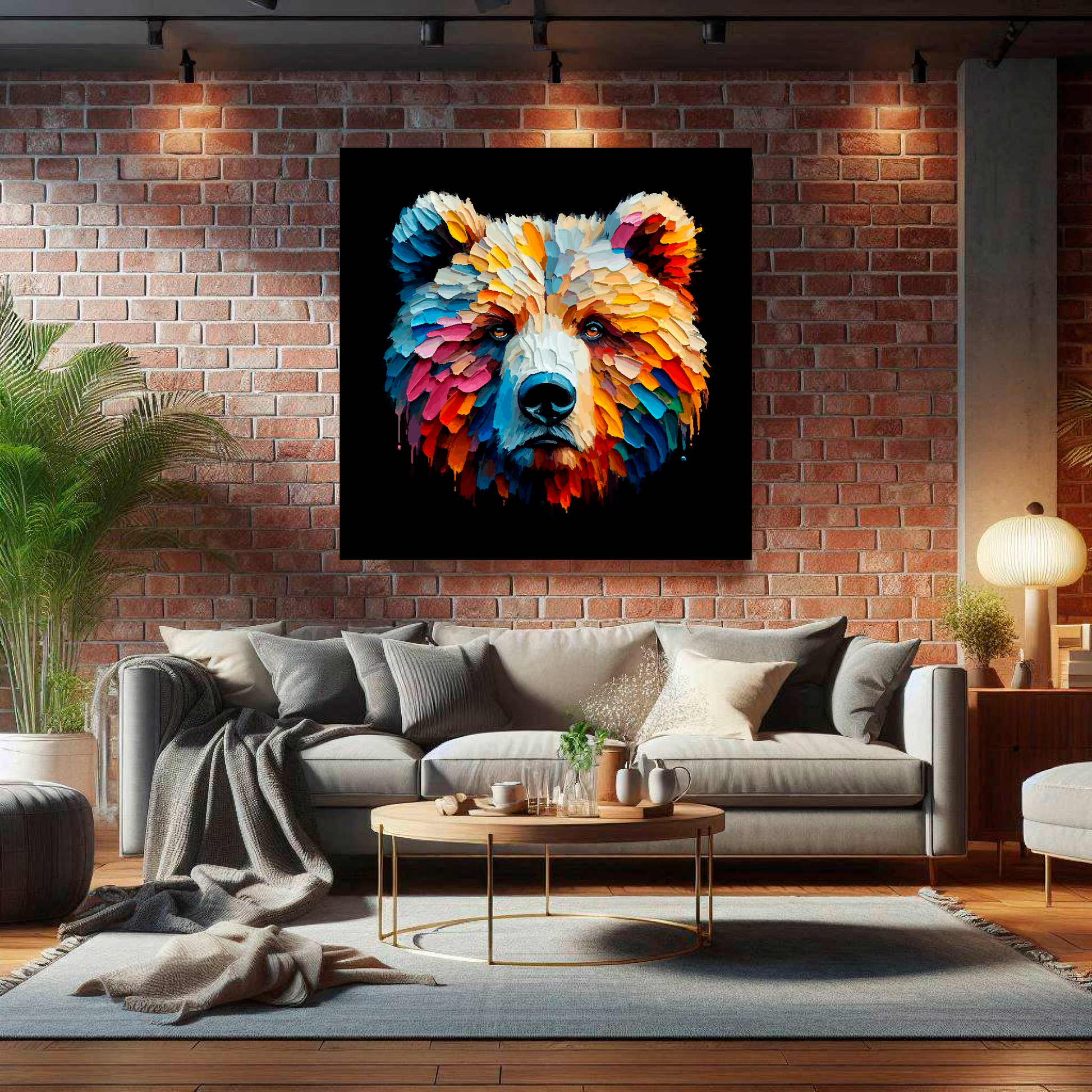 Large Grizzly Bear canvas on brick wall above grey sofa - bold wildlife portrait UK living room