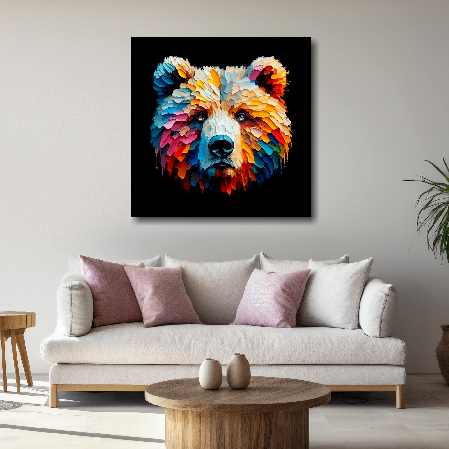 Large Grizzly Bear canvas above white sofa - vibrant abstract wildlife portrait wall art UK