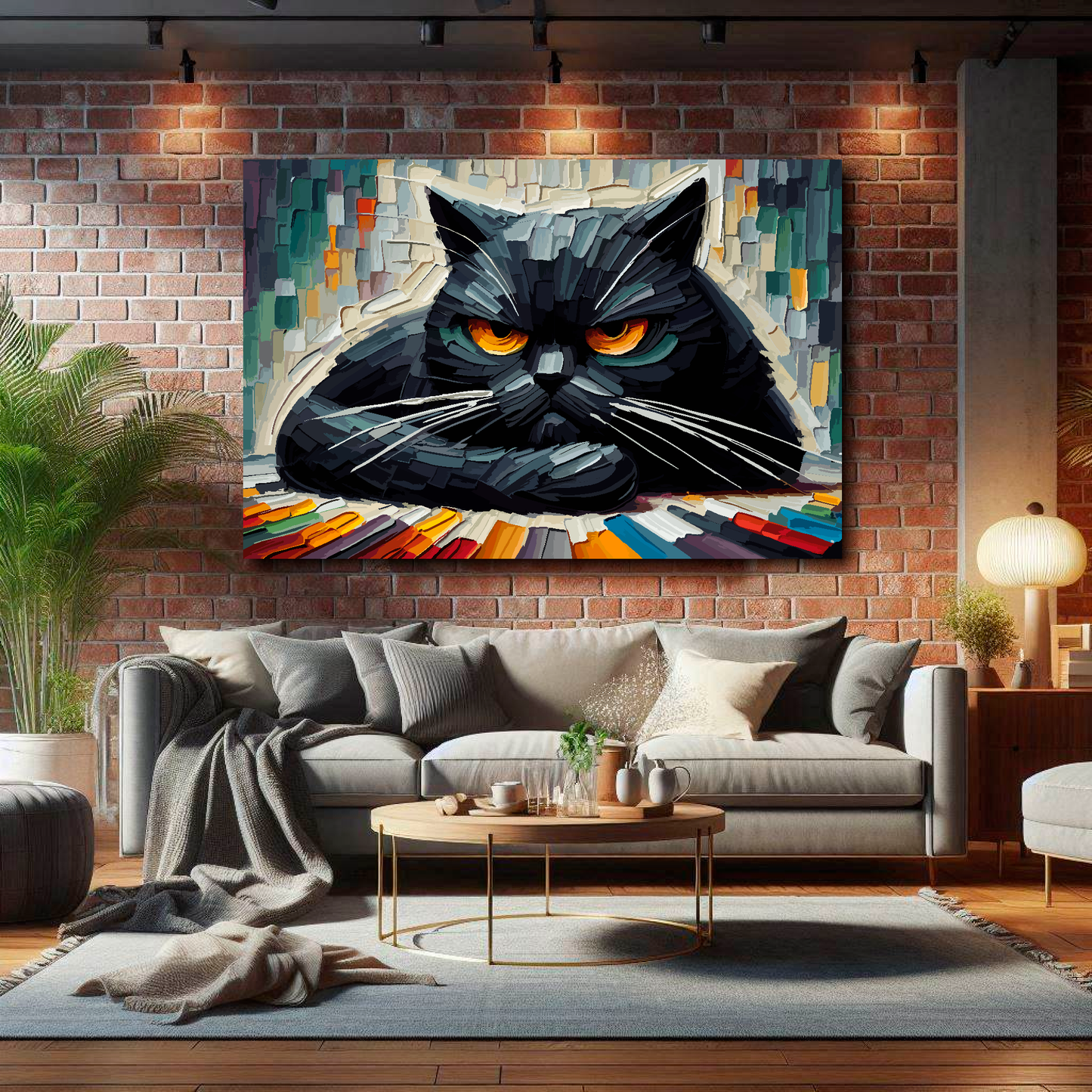 Huge abstract canvas print of a grumpy black cat. Mounted on a brick wall above a gray sofa with decorative pillows.