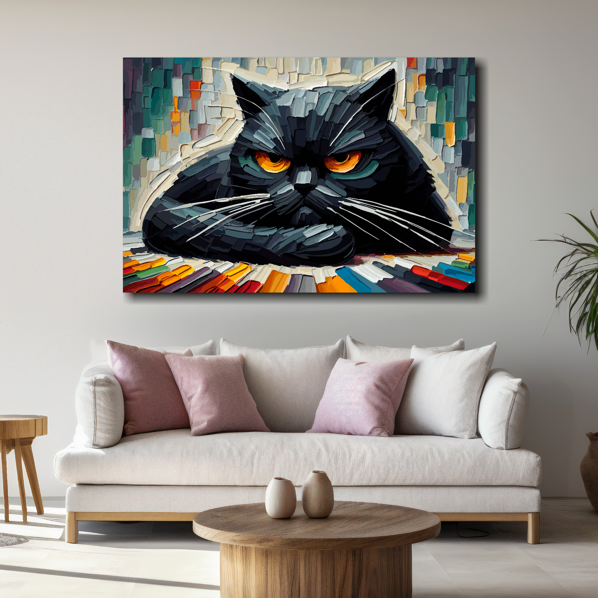 Large abstract canvas print of a grumpy black cat. Mounted on a white wall above a white sofa with decorative pillows.