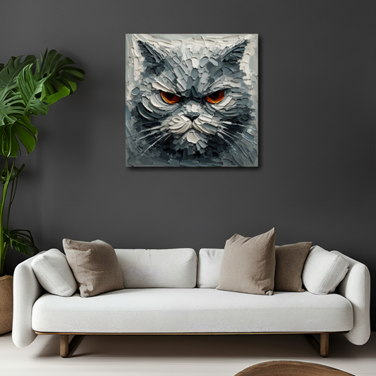 Grumpy grey cat canvas 20x20 inches above white sofa - vibrant cat portrait wall art UK