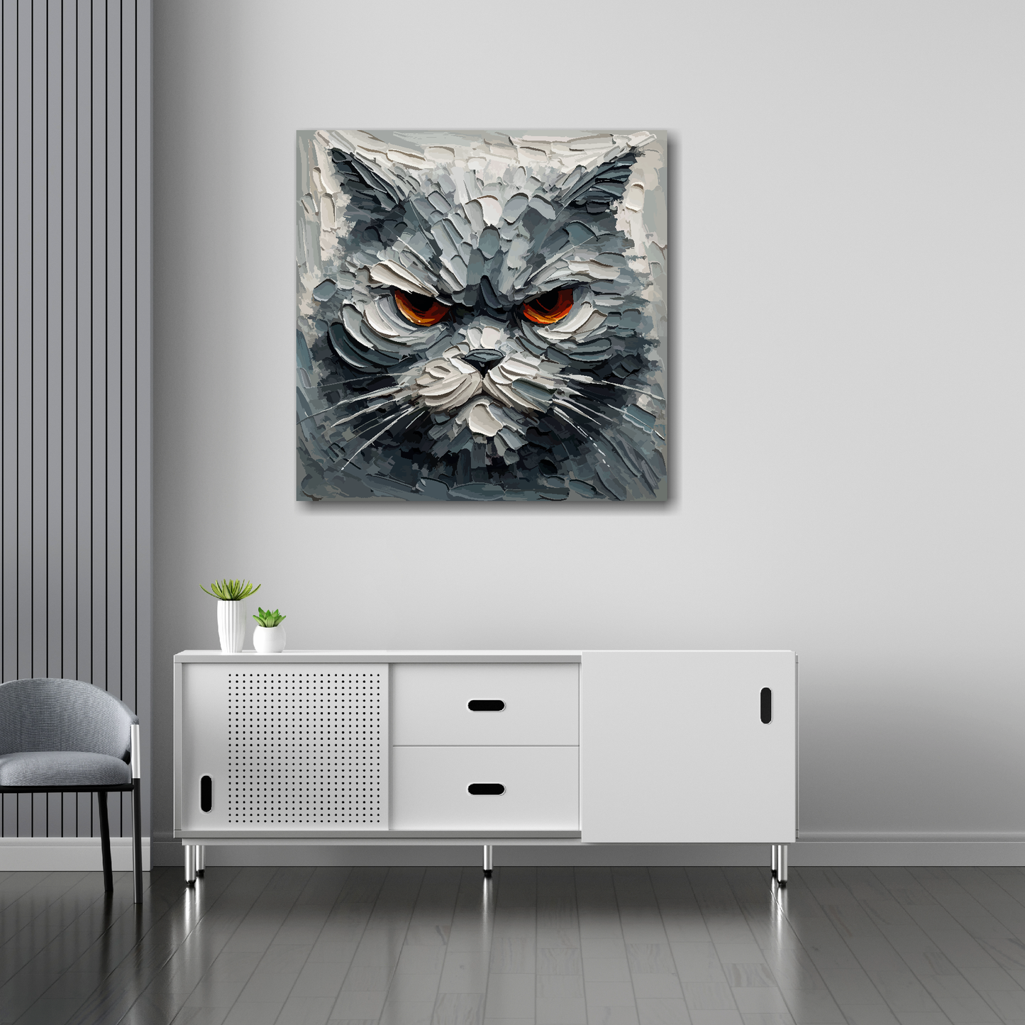 Grumpy grey cat canvas 30x30 inches above sideboard - large colourful cat portrait UK made