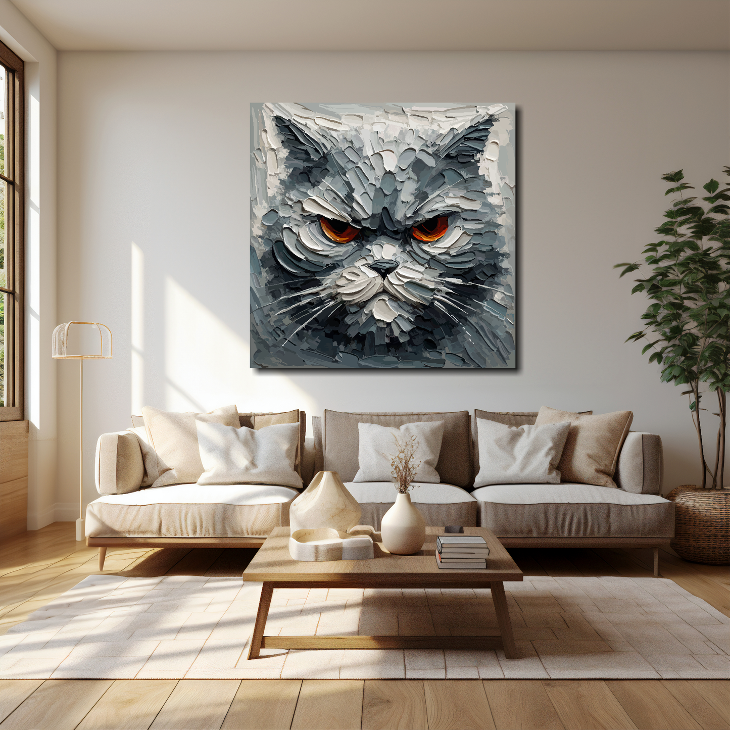 Grumpy grey cat canvas 40x40 inches above cream sofa - XL vibrant cat wall art UK