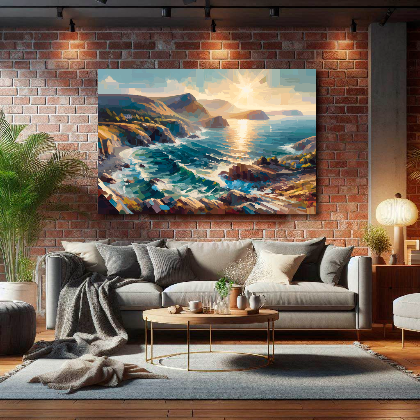 Large Gwynedd coast canvas on brick wall above grey sofa - bold Welsh coastal art UK living room