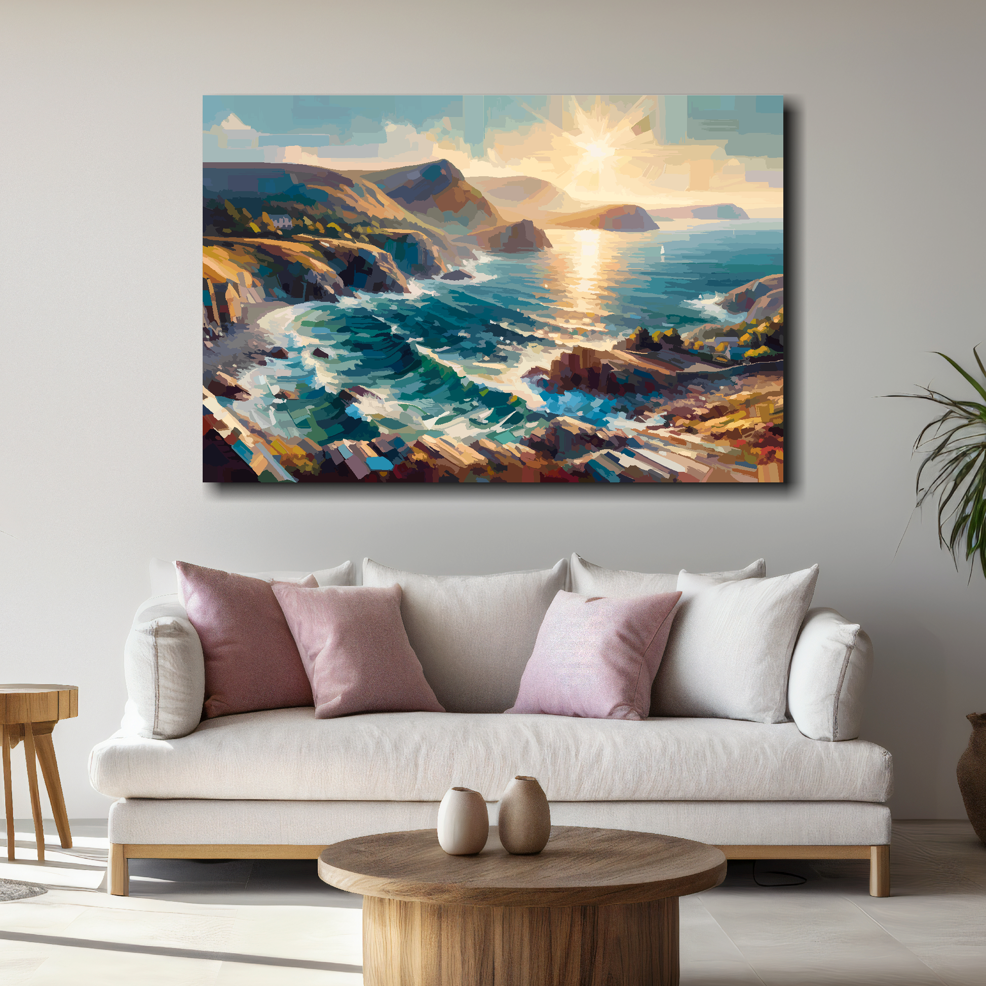Large Gwynedd coast canvas above white sofa - vibrant abstract Welsh coastal wall art UK