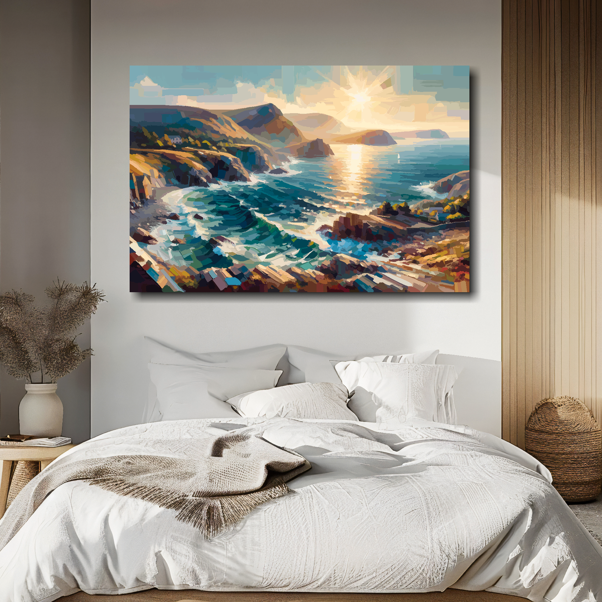 Gwynedd coast canvas above bed - colourful Welsh coastal wall decor for UK bedrooms