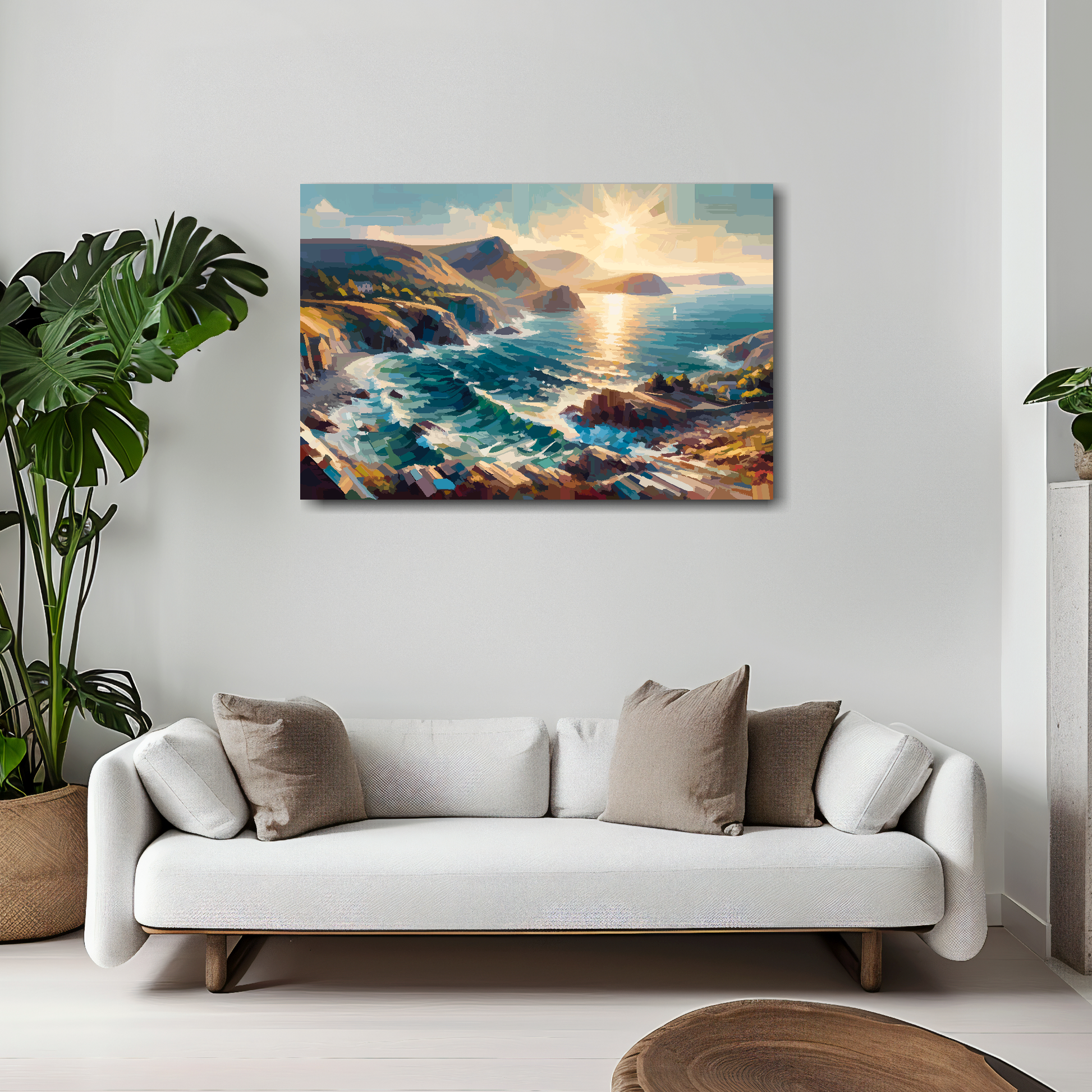 Gwynedd coast canvas 30x20 inches above white sofa - vibrant Welsh coastal wall art UK