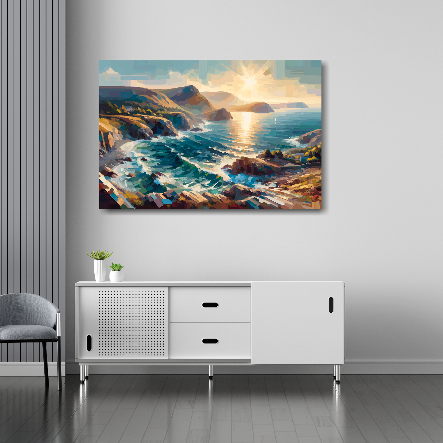 Gwynedd coast canvas 36x24 inches above sideboard - large colourful Welsh coastal art UK made