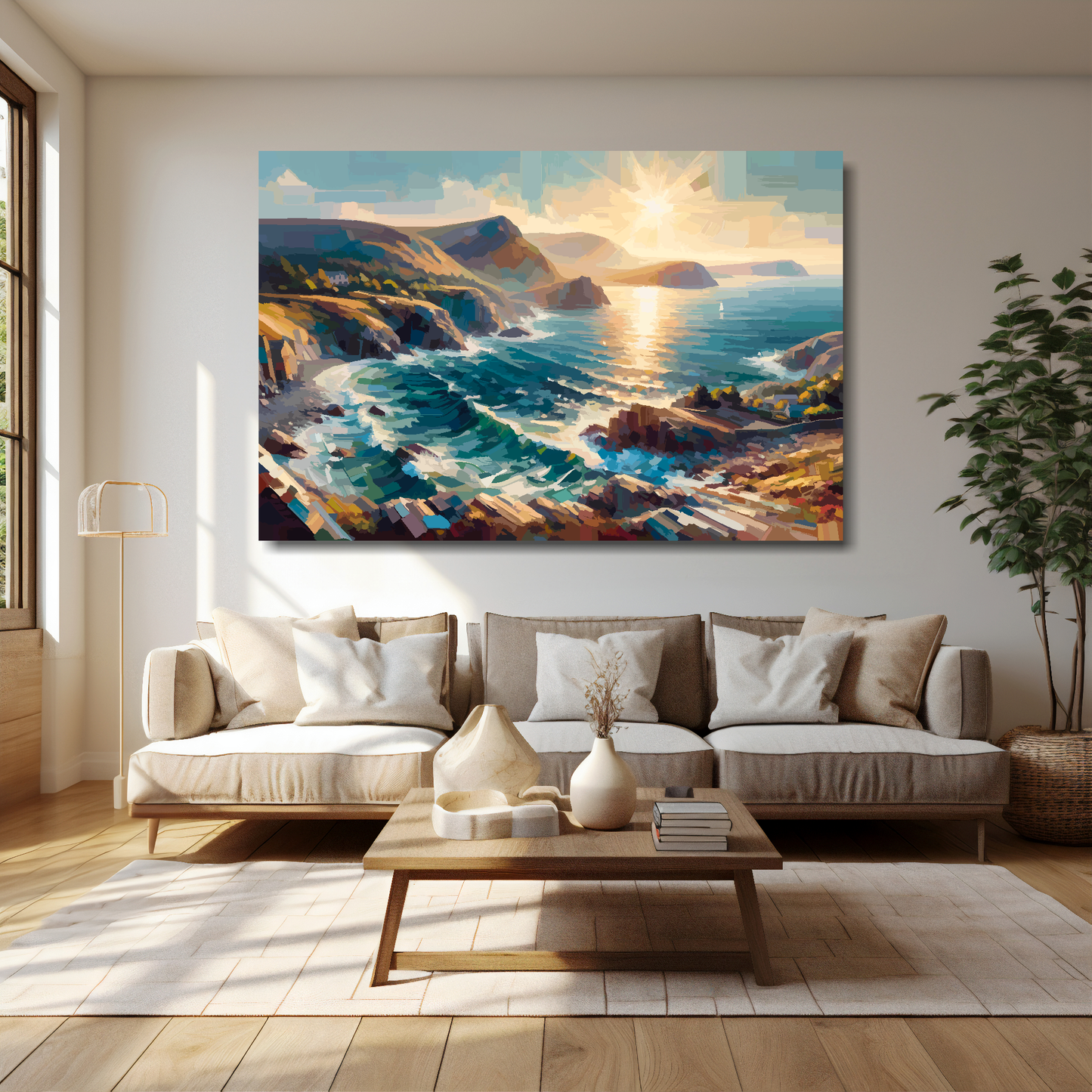Gwynedd coast canvas 60x40 inches above cream sofa - XL vibrant Welsh coastal wall art UK