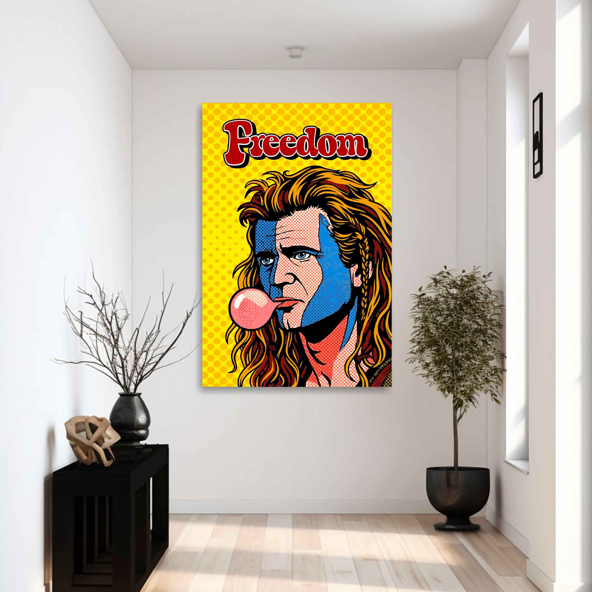 Retro pop-art canvas of William Wallace from Braveheart, featuring the word 'Freedom' mounted in a modern hallway