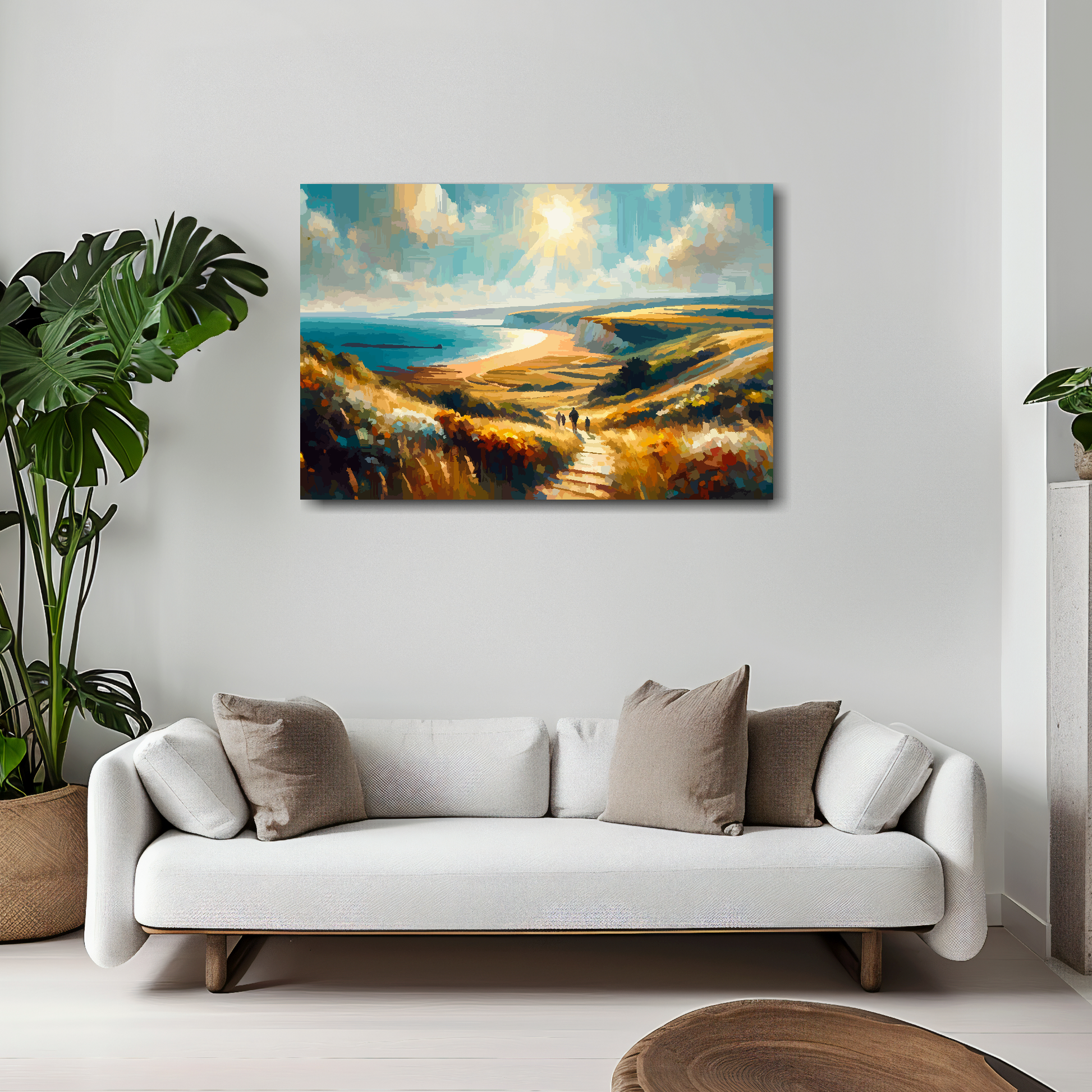 Hampshire coast canvas 30x20 inches above white sofa - vibrant UK coastal wall art