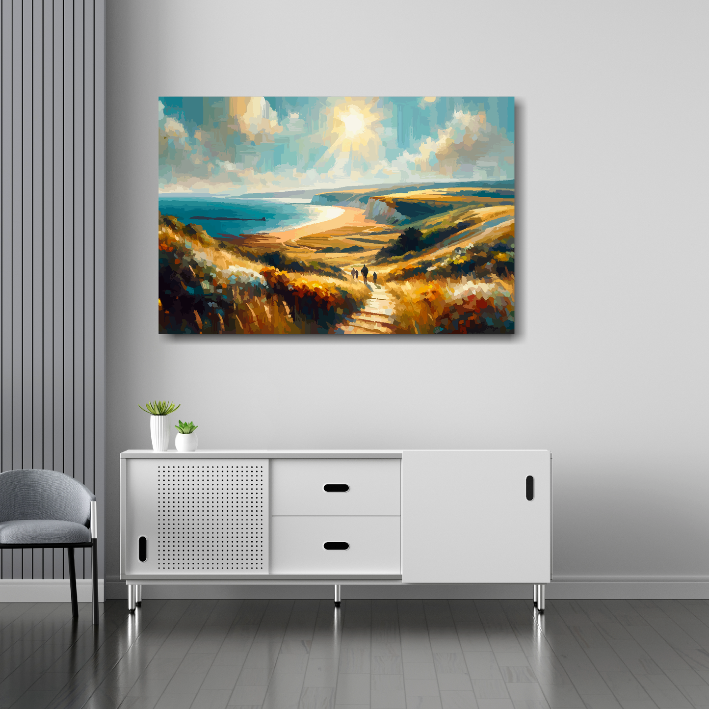Hampshire coast canvas 36x24 inches above sideboard - large colourful UK coastal art made in Britain