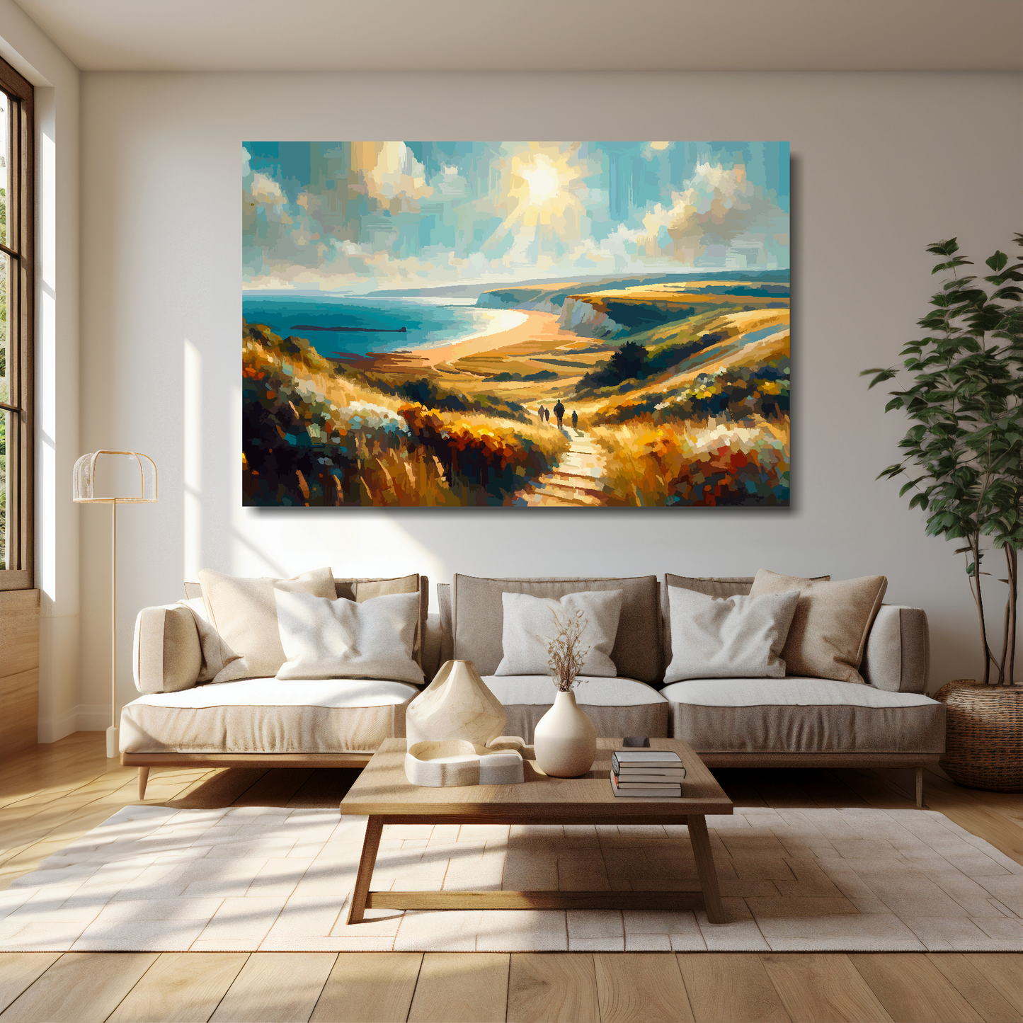 Hampshire coast canvas 60x40 inches above cream sofa - XL vibrant UK coastal wall art