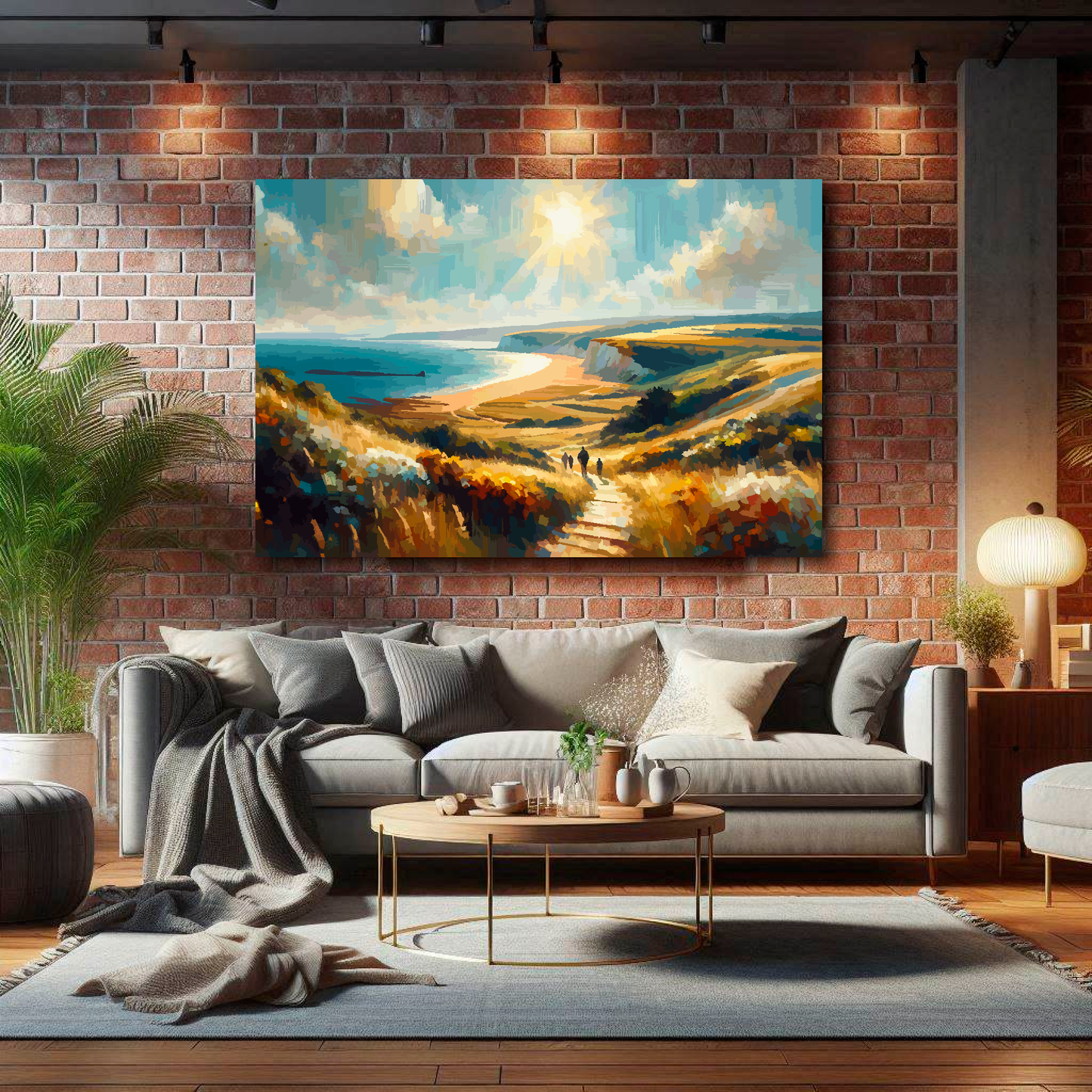 Large Hampshire coast canvas on brick wall above grey sofa - bold UK coastal art living room