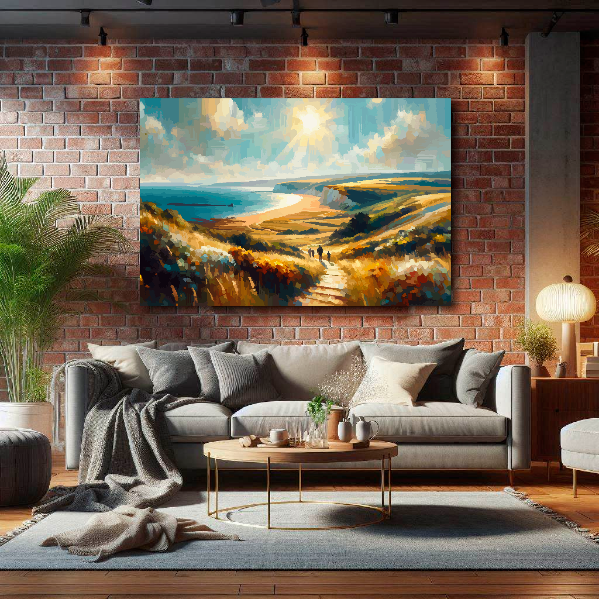 Large Hampshire coast canvas on brick wall above grey sofa - bold UK coastal art living room