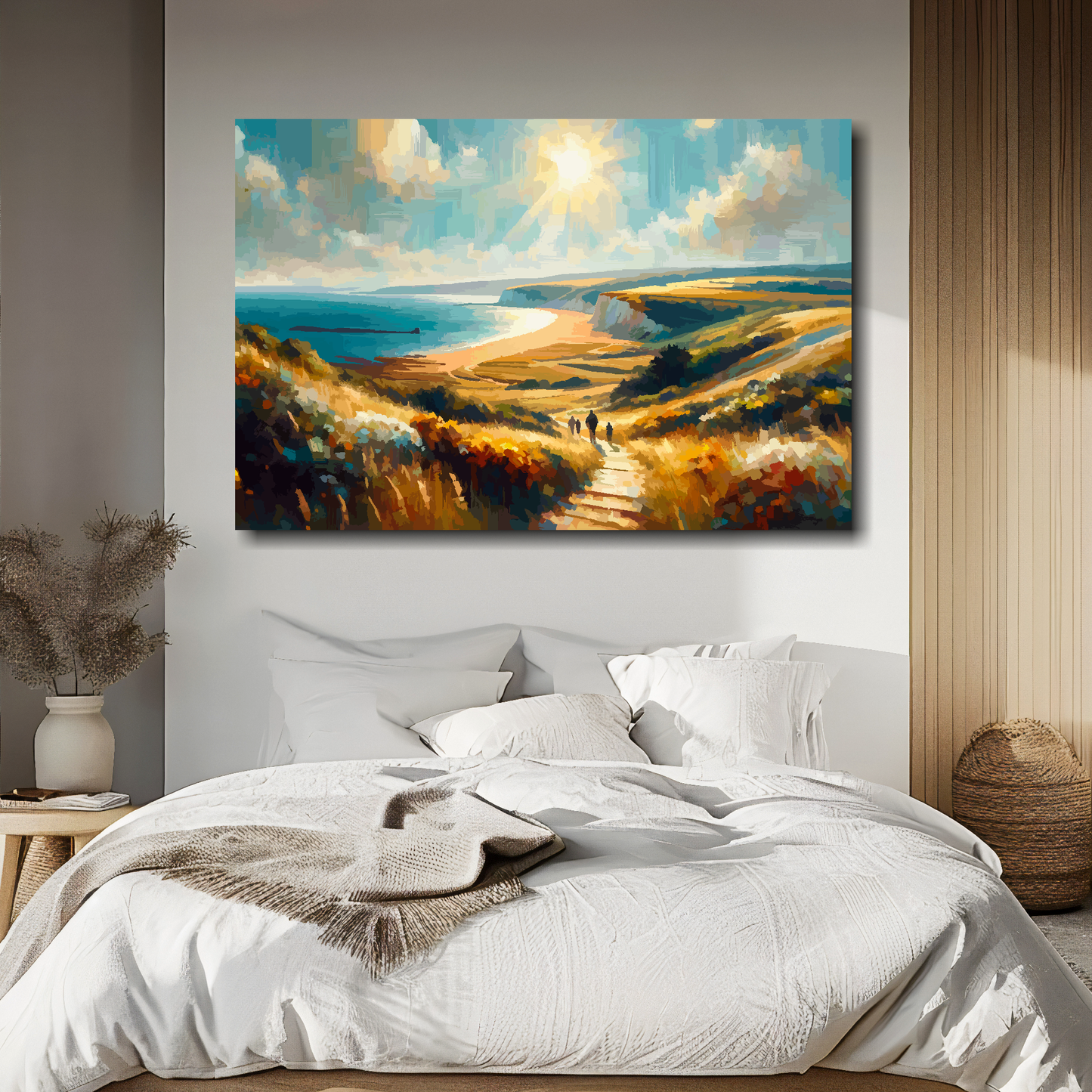 Hampshire coast canvas above bed - colourful UK coastal wall decor for bedrooms